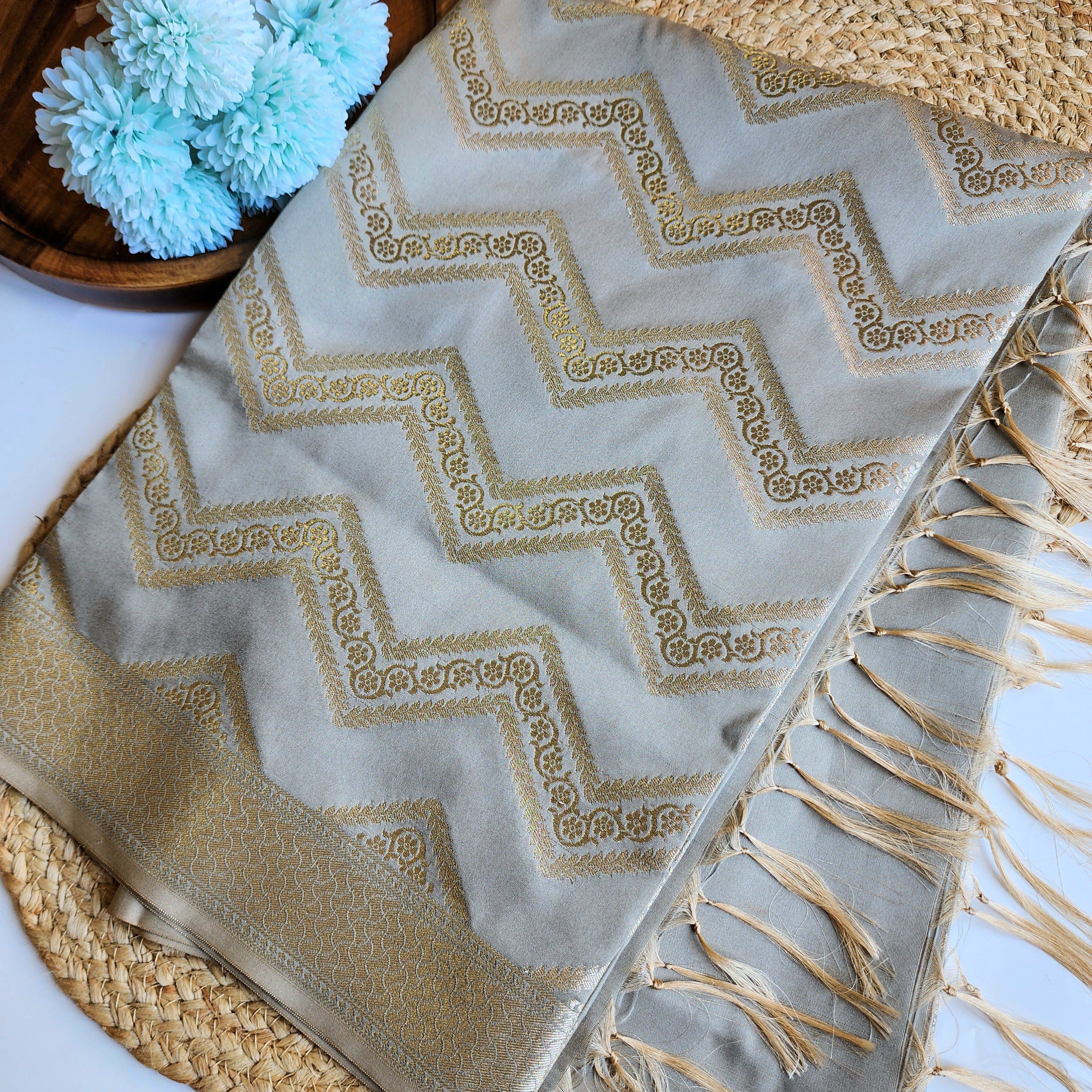 Dove Grey Banarasi Dupatta with Golden Zigzag Pattern