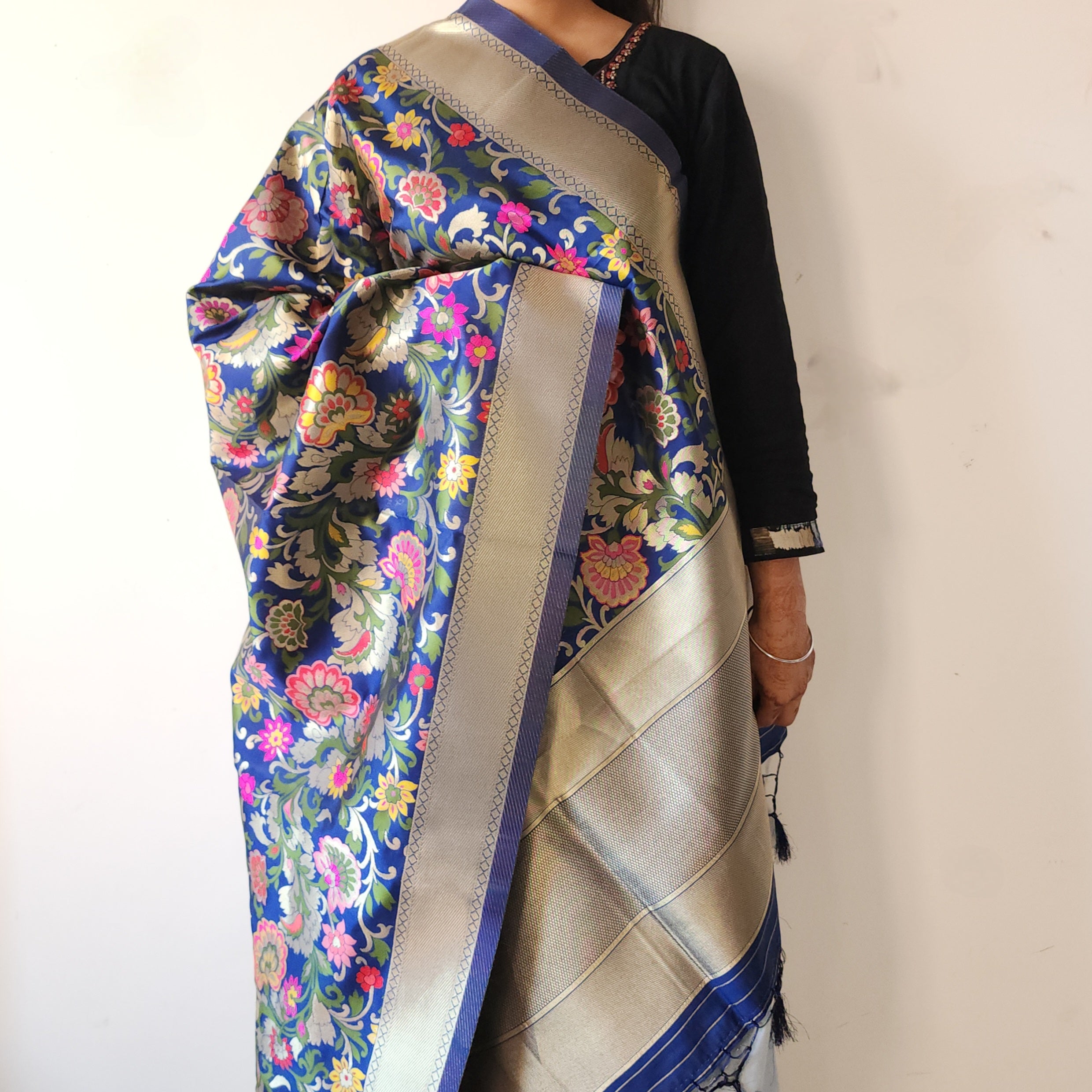 Banarasi Silk Navy Blue Dupatta with Multicolor & Gold Floral Handweaving