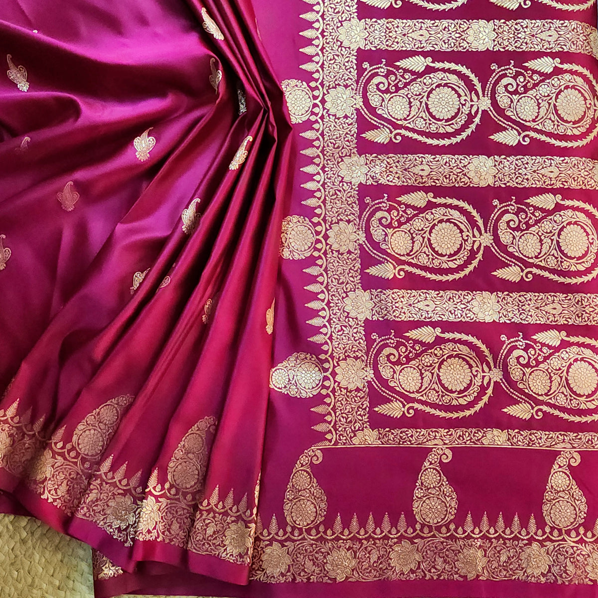 Rani Pink Paisley Katan Silk Saree with Gold Zari