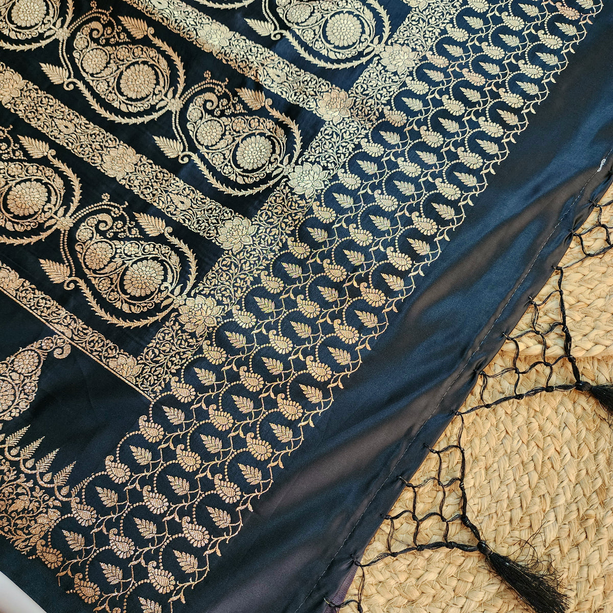 Black Paisley Katan Silk Saree with Gold Zari