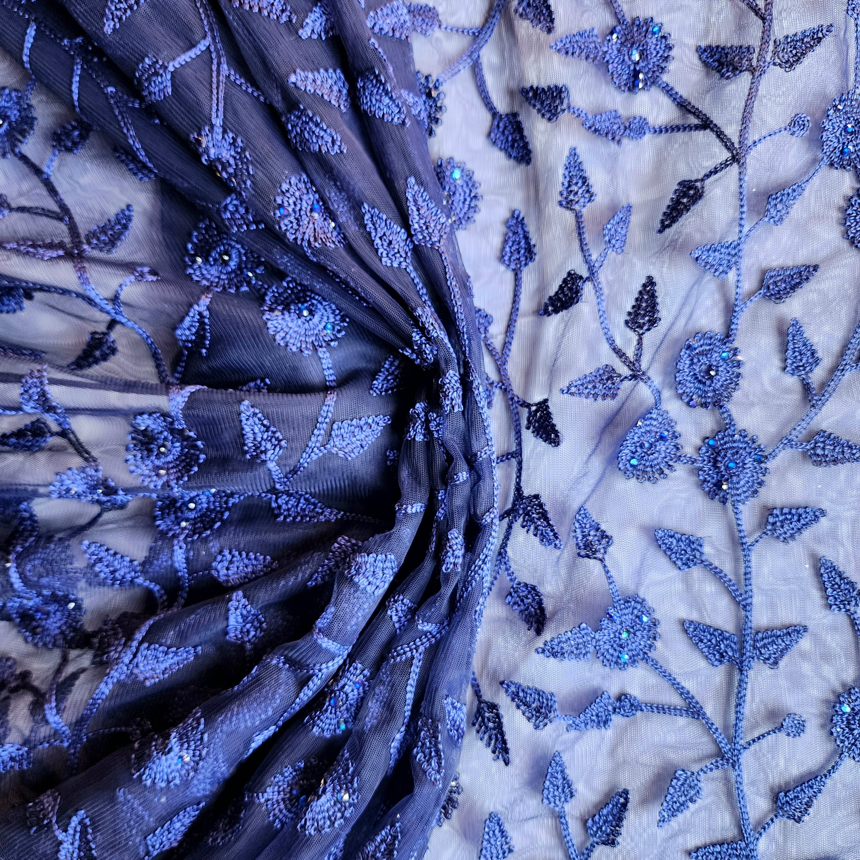 Embroidered Net Designer Saree in Dark Blue