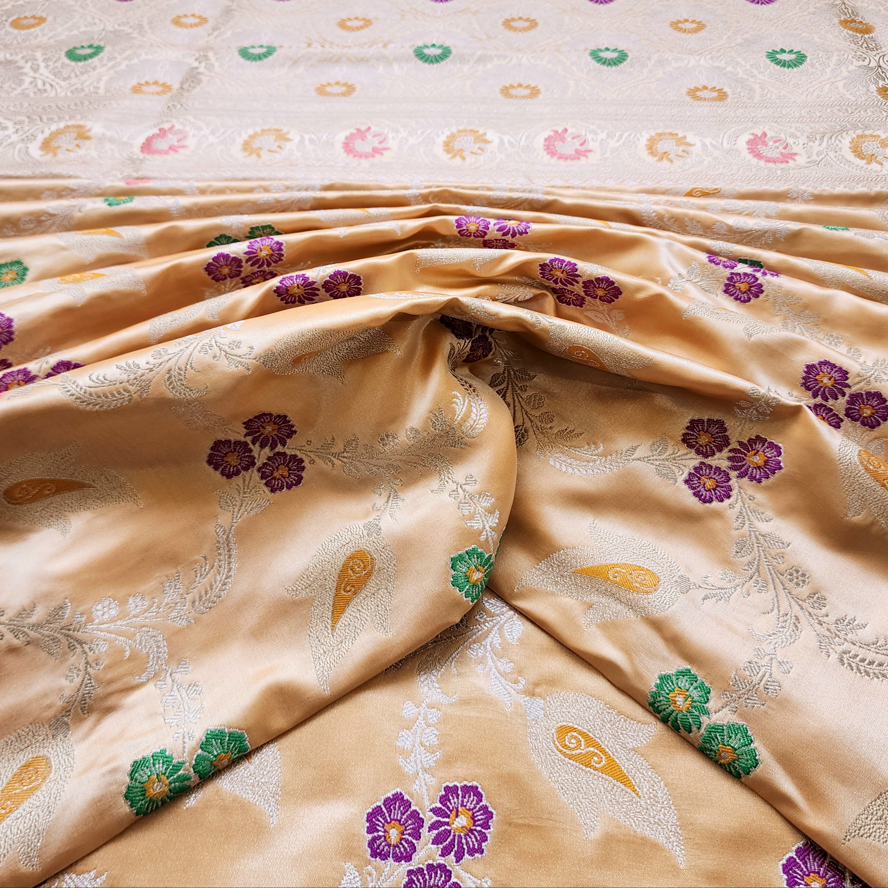 Enriched Dark Orange Banarasi Katan Silk Saree with Multicolor Meenakari Floral Jaal