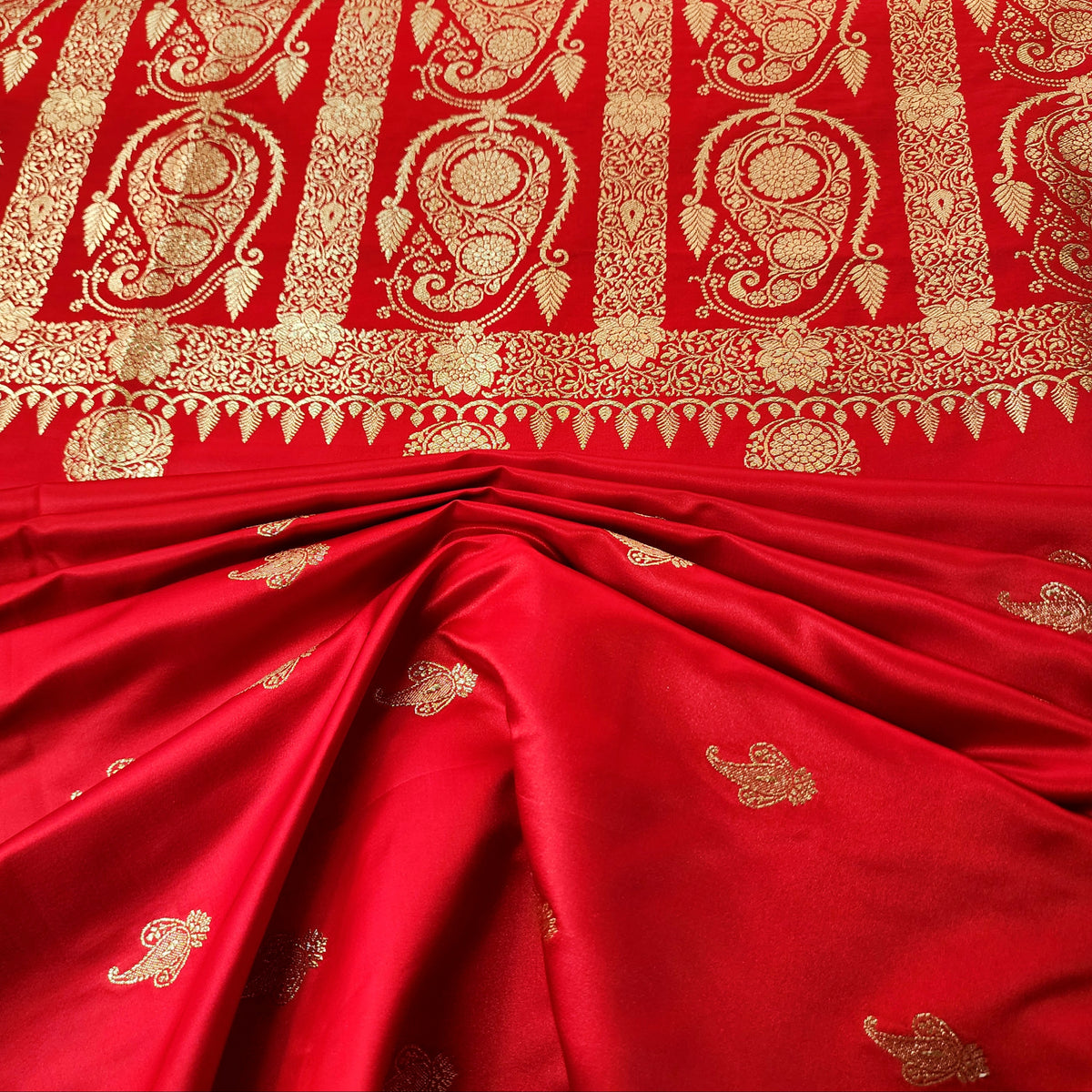 Red Paisley Katan Silk Saree with Gold Zari