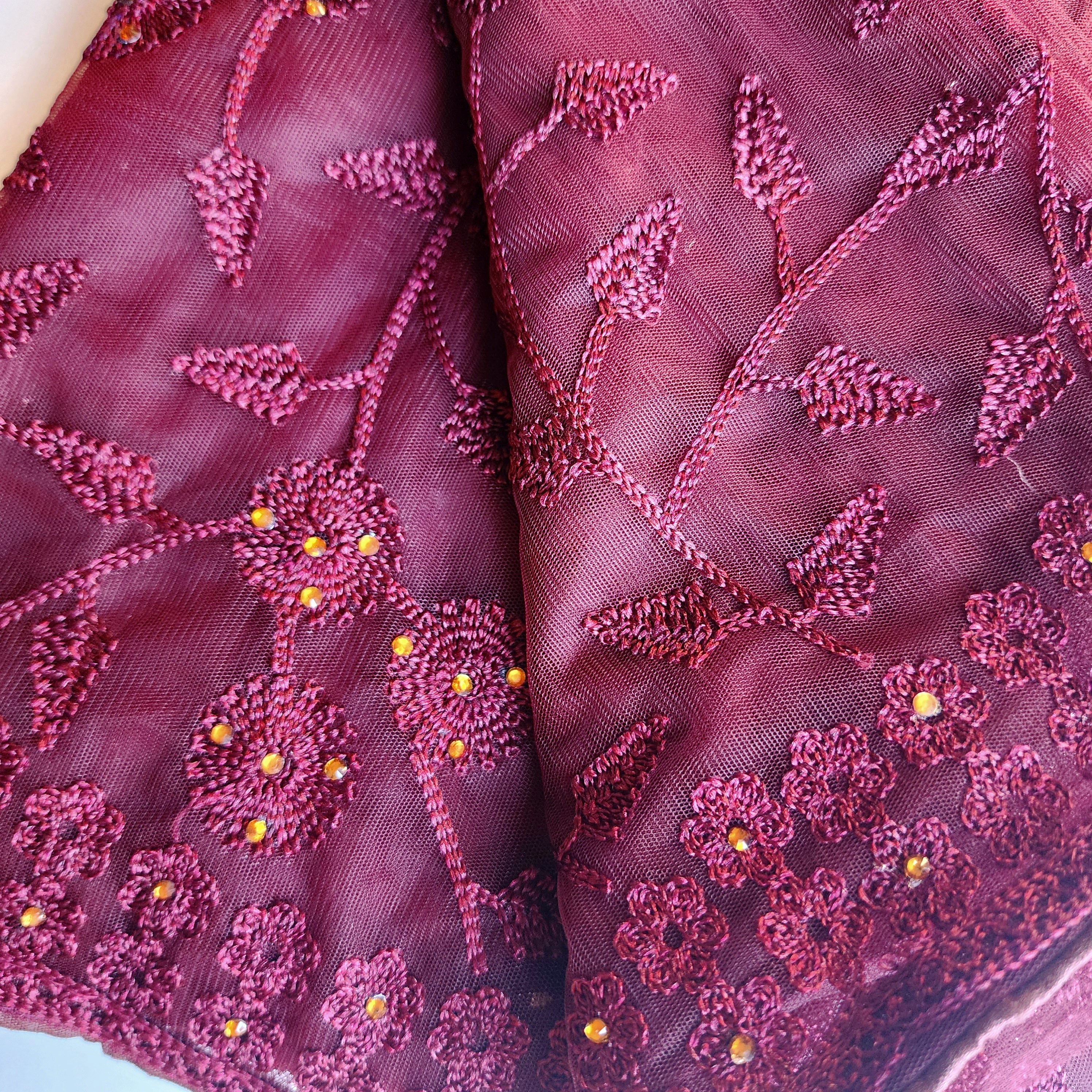 Embroidered Net Designer Saree in Wine