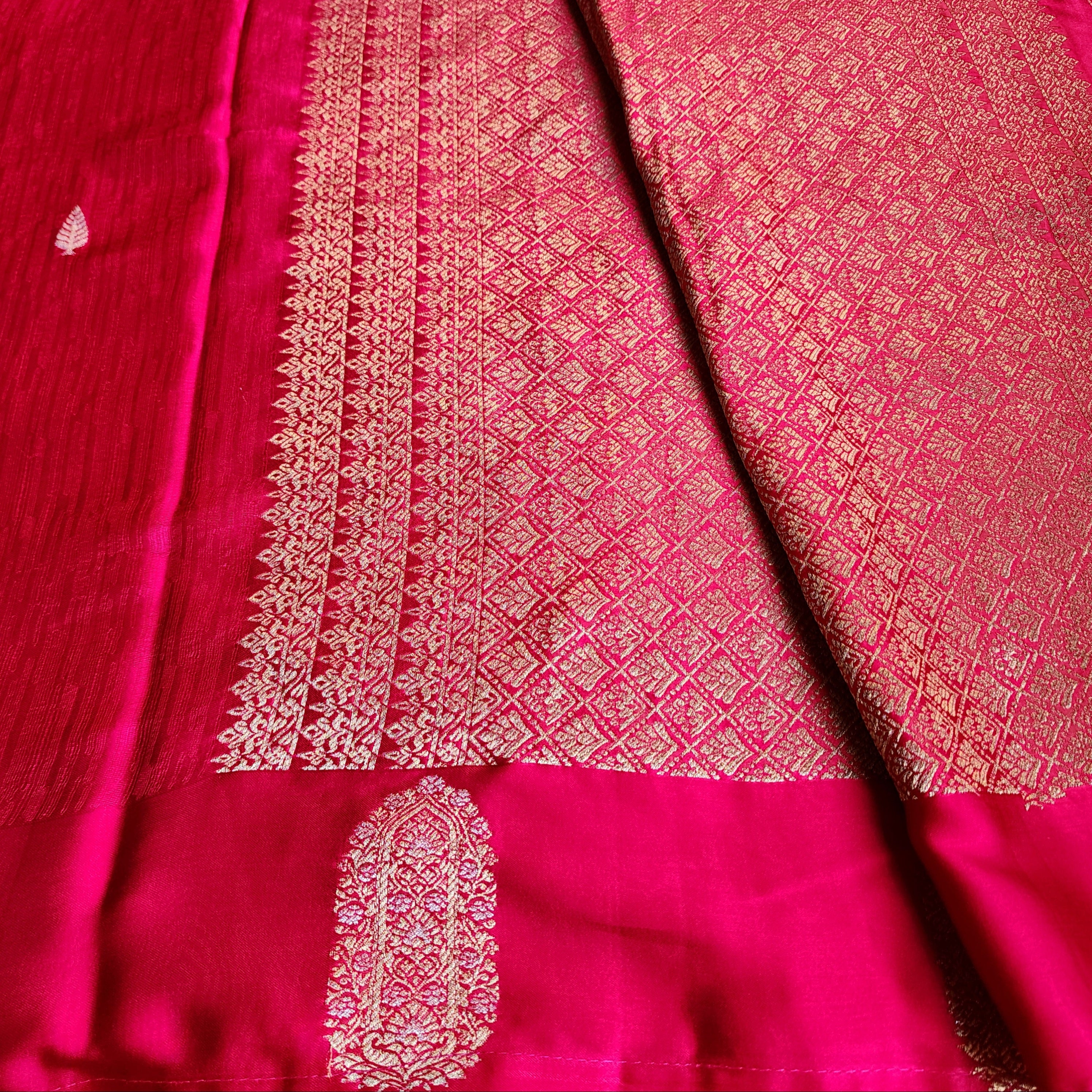 Bright Rani Pink Mashru Tanchoi Saree with Gold Zari