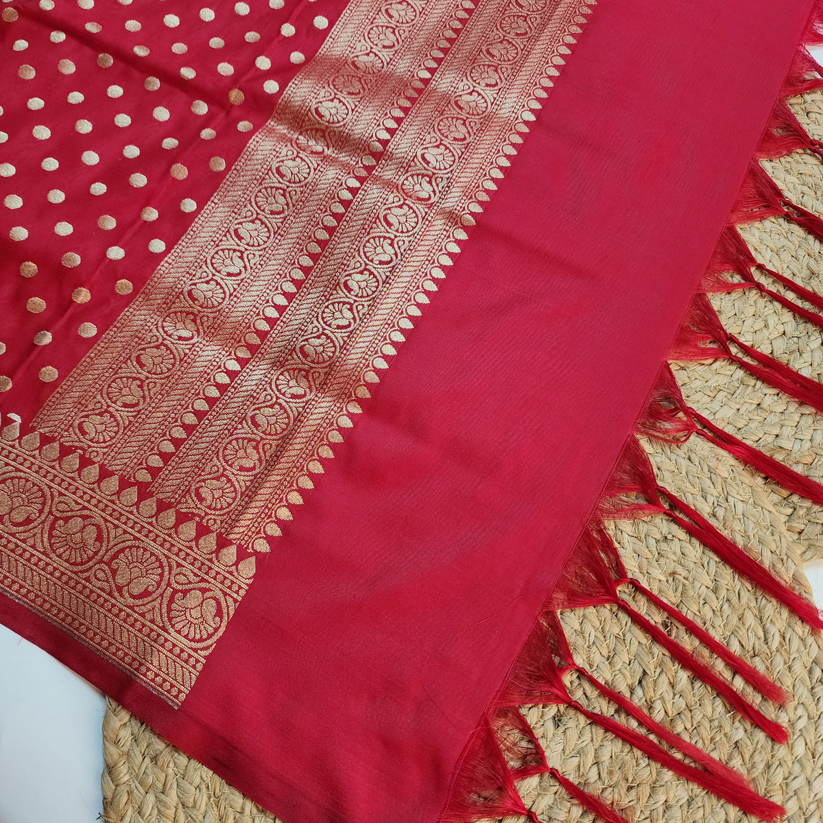Classic Red Banarasi Silk Dupatta with Gold Polka Dot