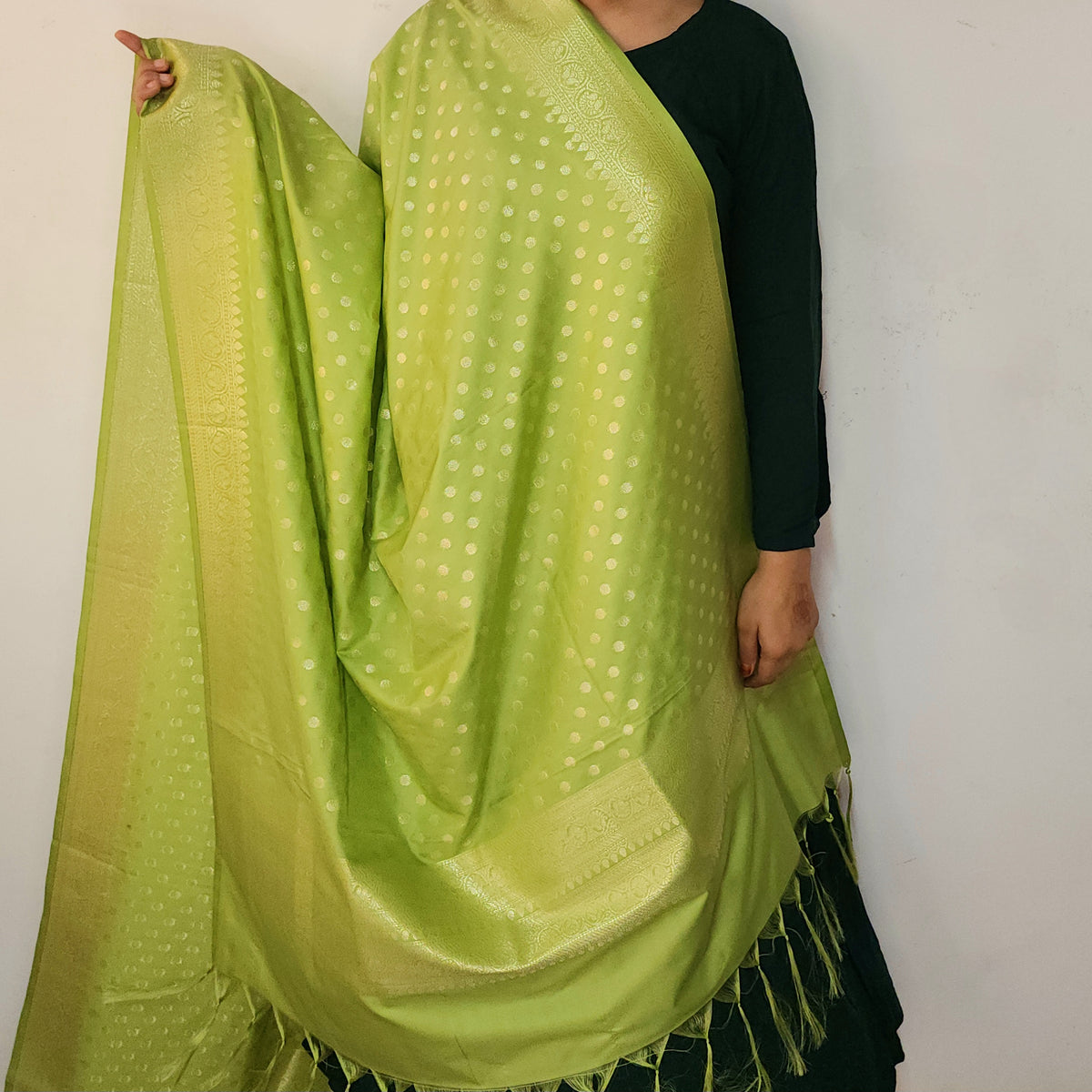 Lime Green Banarasi Silk Dupatta with Gold Polka Dot