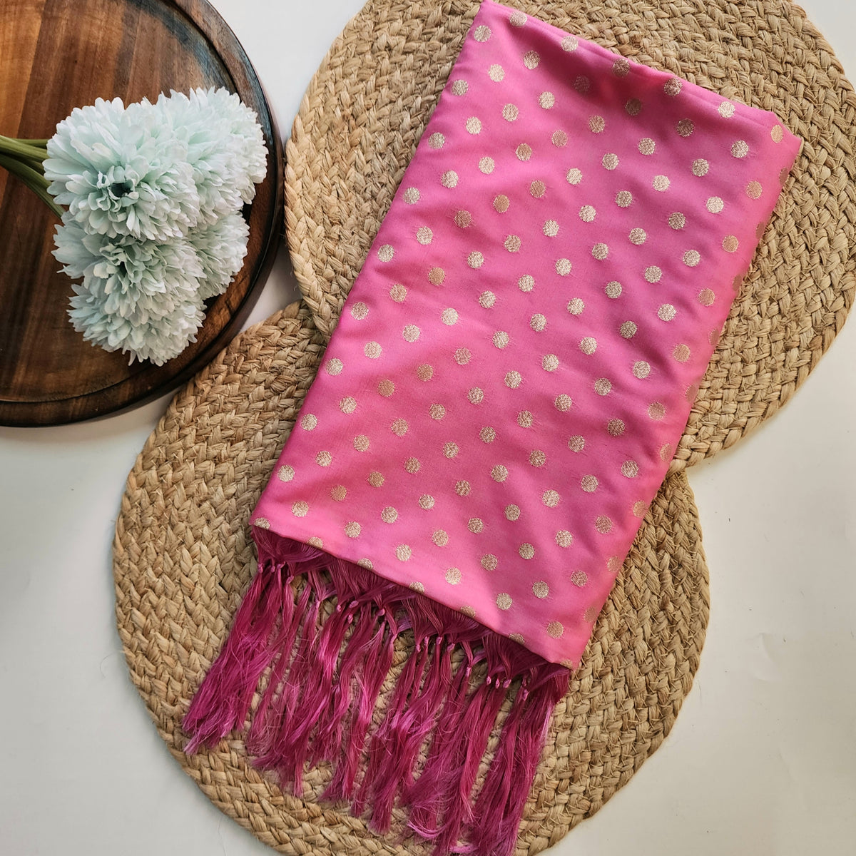 Rani Pink Banarasi Silk Dupatta with Gold Polka Dot