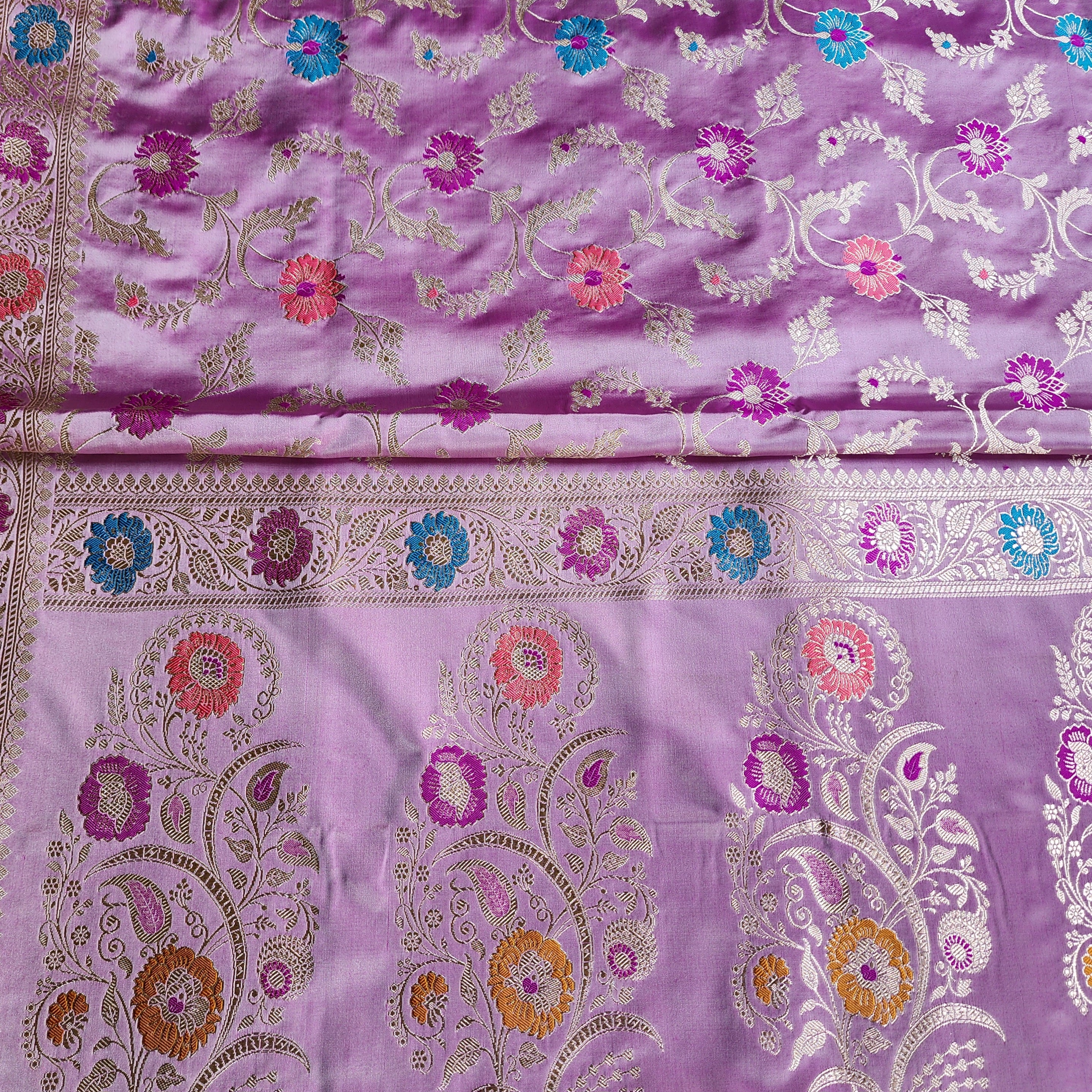 Enriched Banarasi Katan Silk Saree | Soft Lavender Pink Multicolor Meenakari Floral Jaal