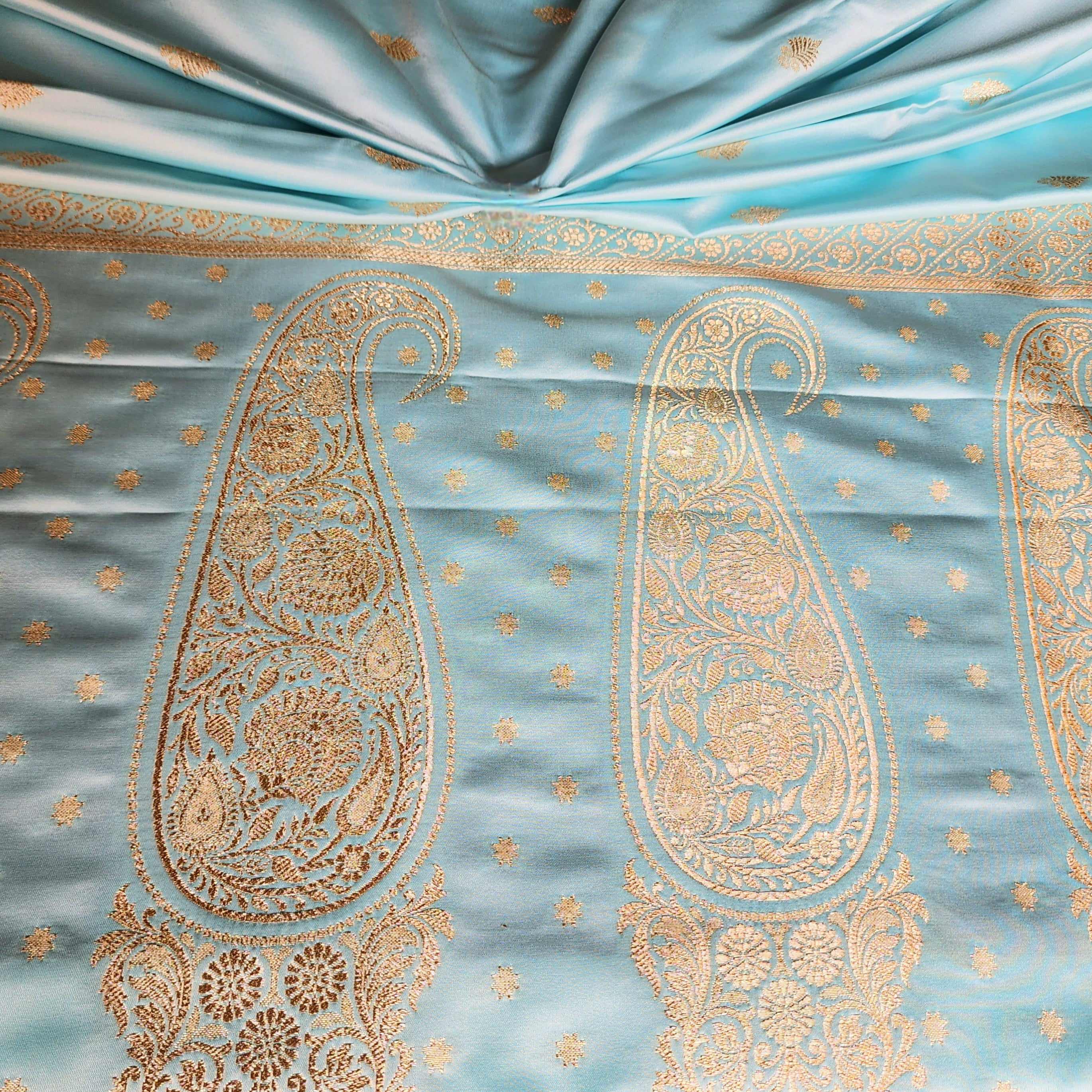 Powder Blue Katan Silk Saree with Rust Orange Gold Zari Border