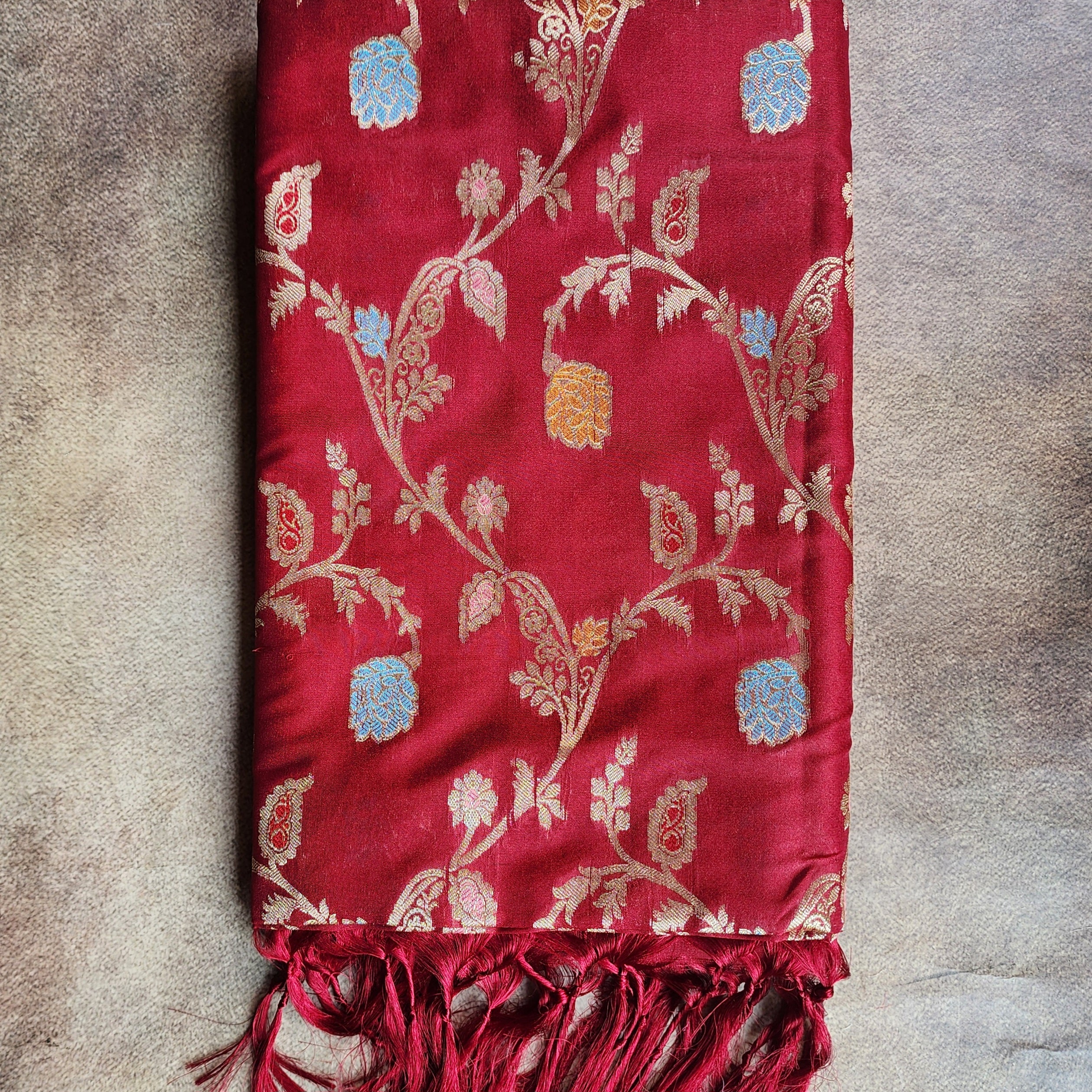 Maroon Banarasi Silk Dupatta with Gold Zari Border & Multicolor Meenakari Work