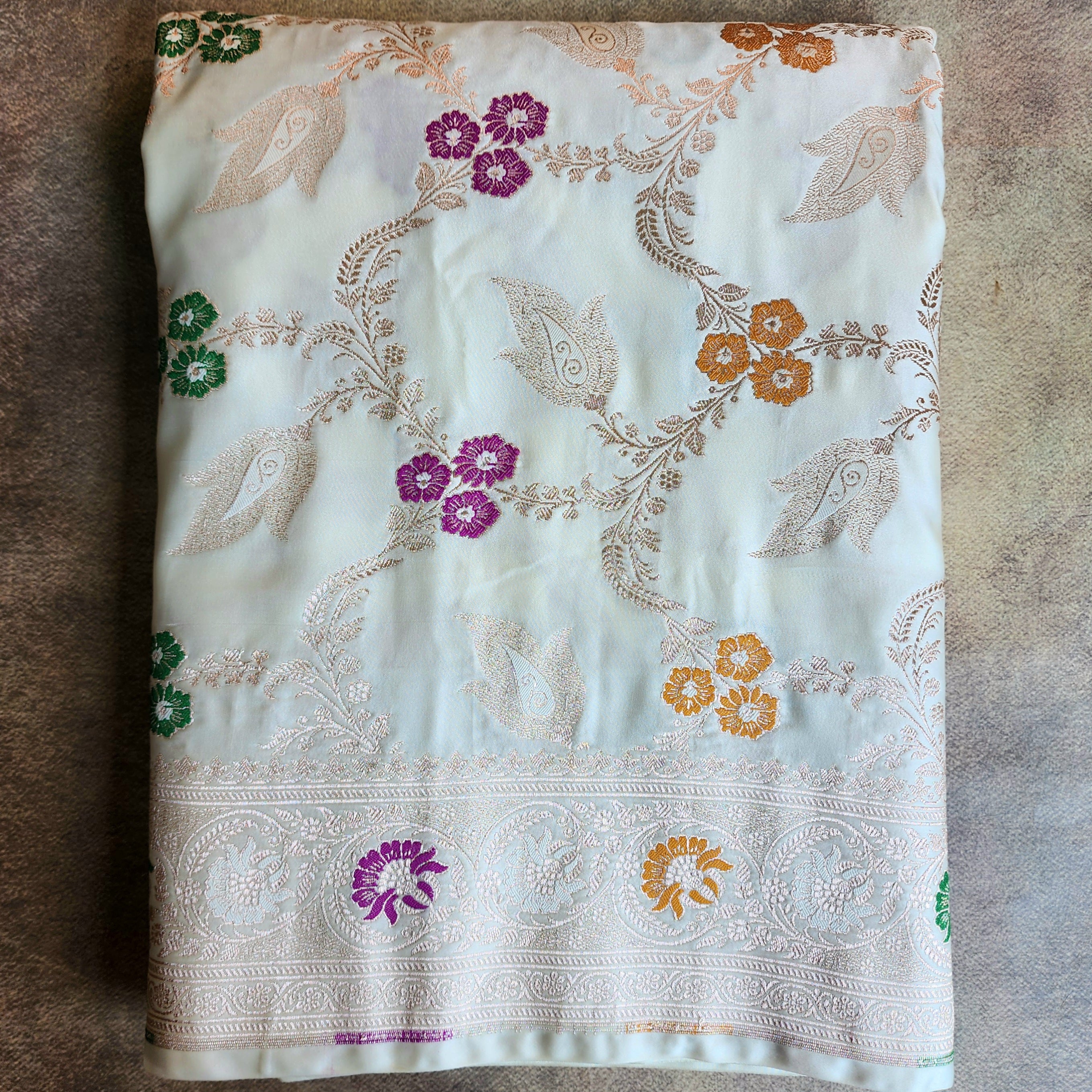 Enriched White Banarasi Katan Silk Saree with Multicolor Meenakari Floral Jaal