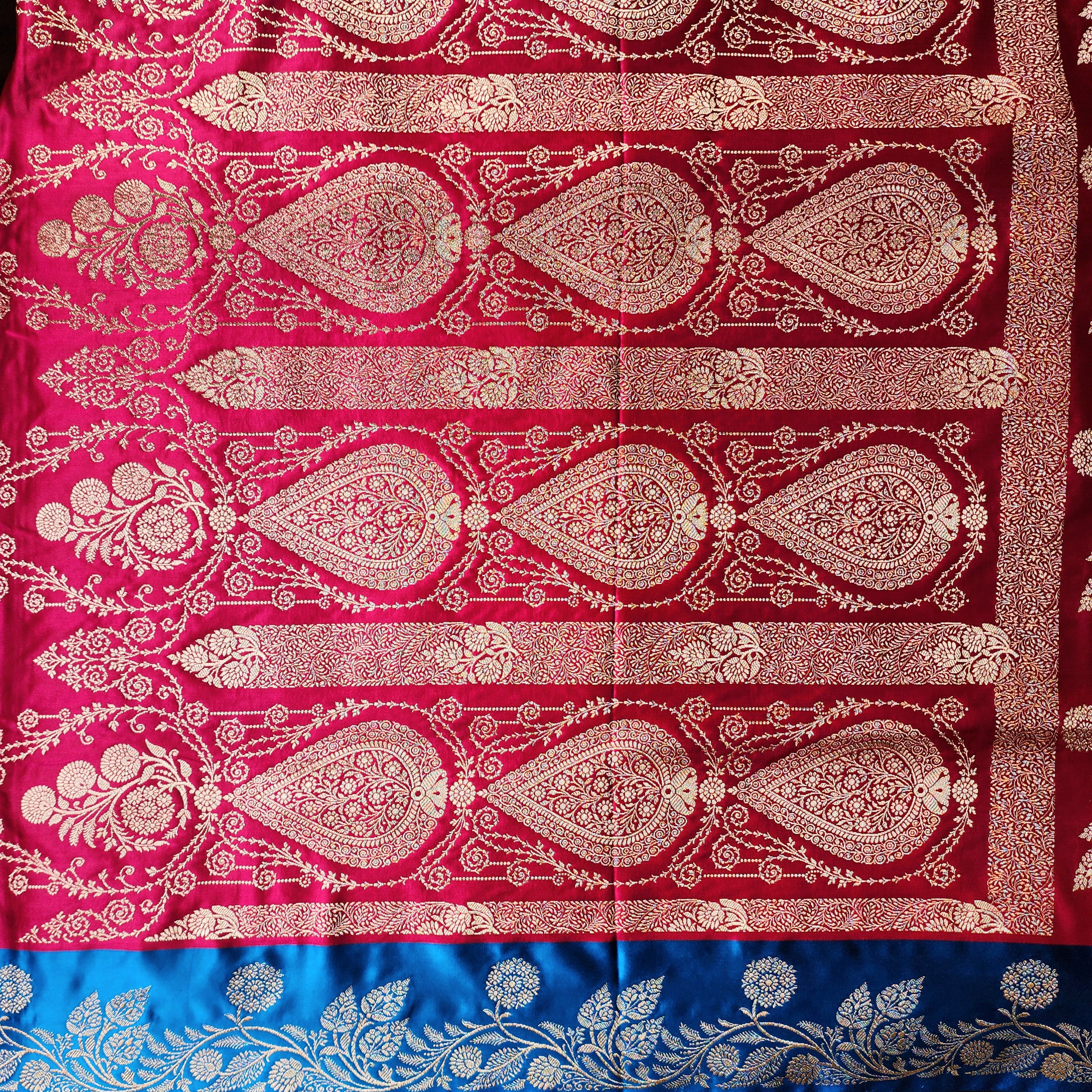 Rani Red Pure Banarasi Katan Silk Saree with Cobalt Blue Border