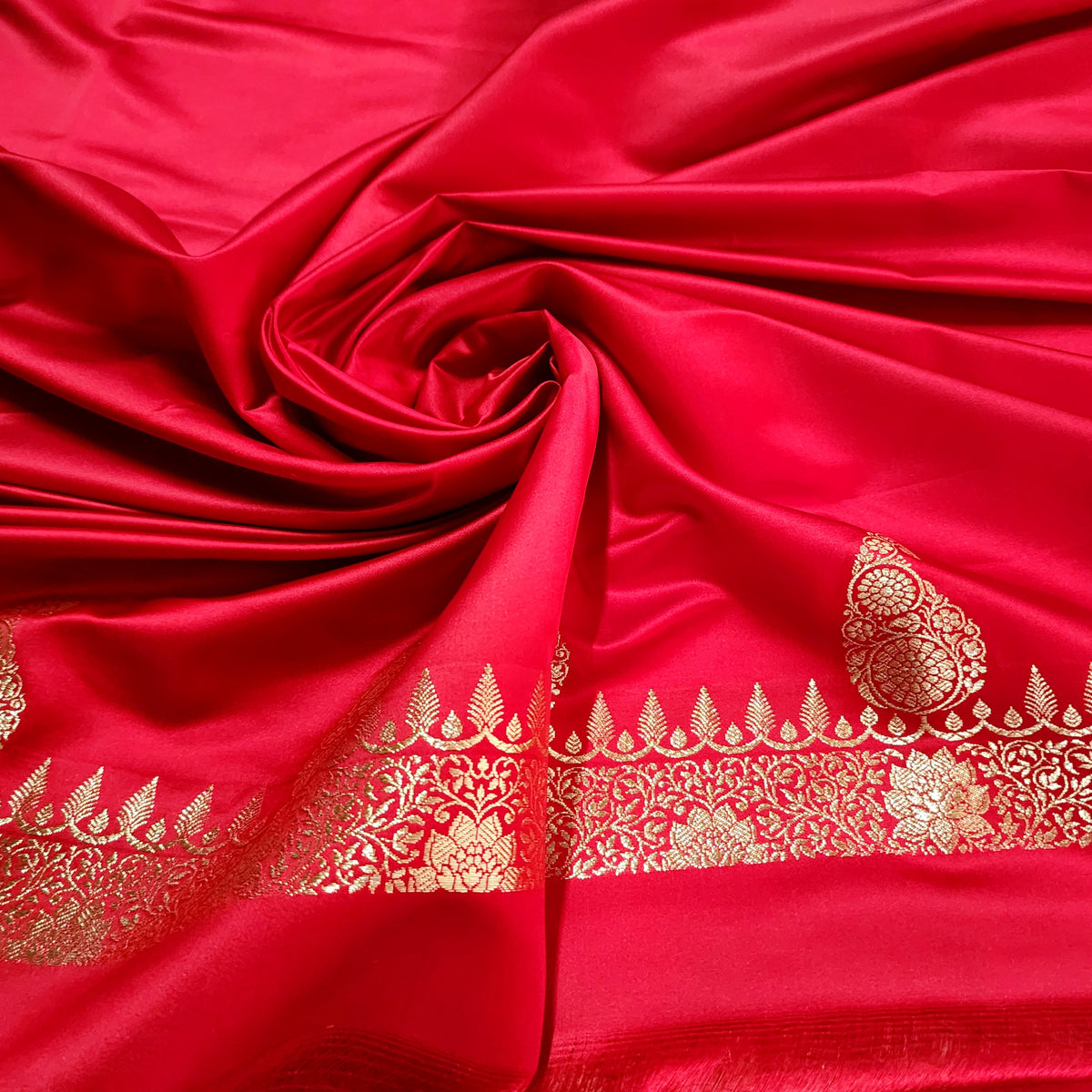 Red Paisley Katan Silk Saree with Gold Zari