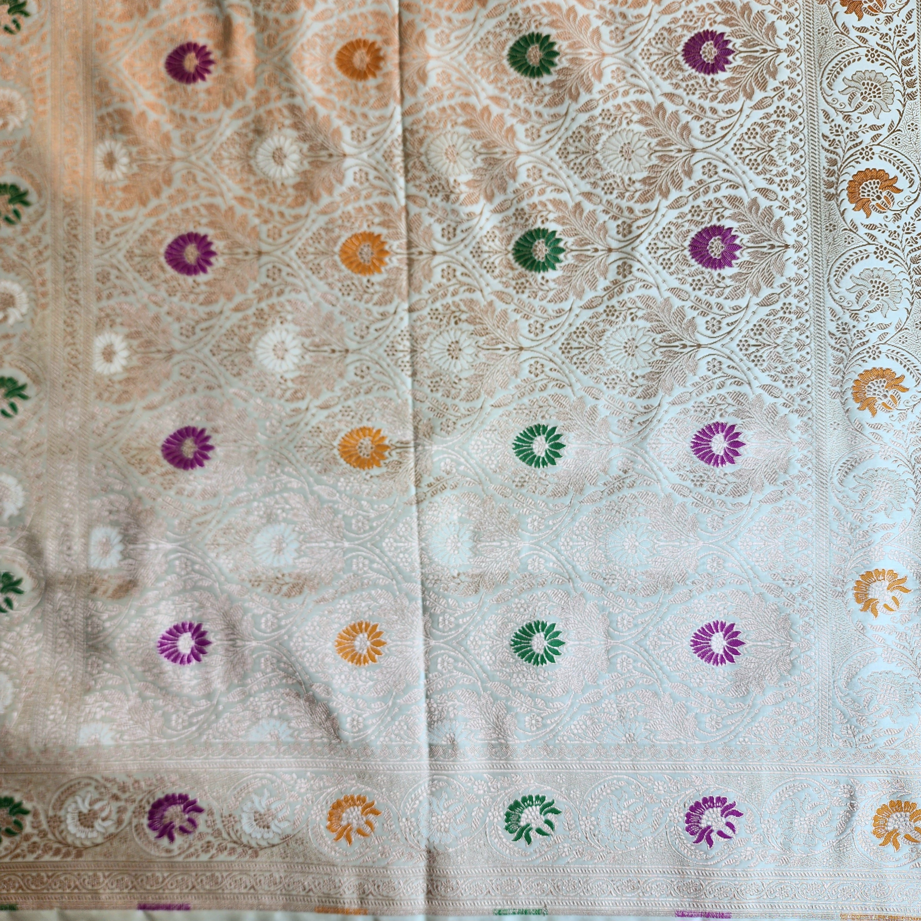 Enriched White Banarasi Katan Silk Saree with Multicolor Meenakari Floral Jaal