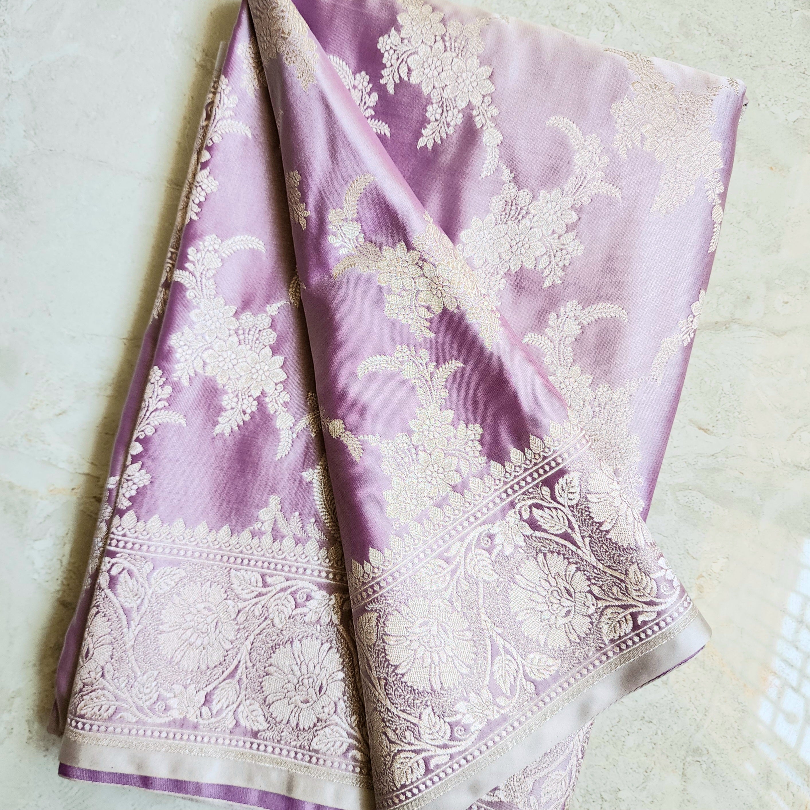 Lilac Banarasi Katan Silk Saree with Floral Vine Jaal