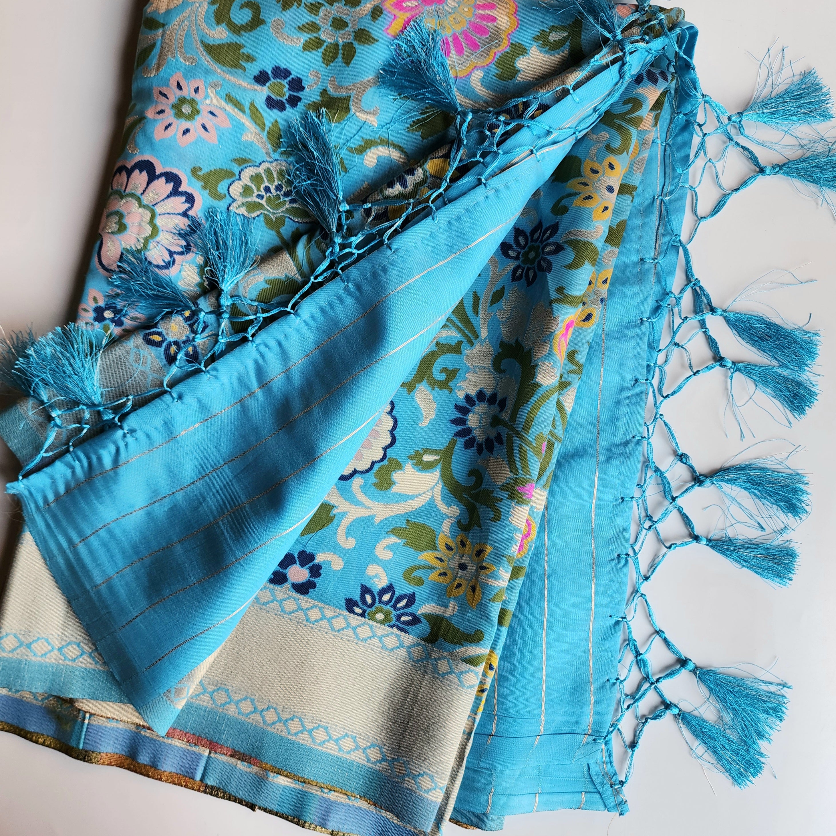 Banarasi Silk Sky Blue Dupatta with Multicolor & Gold Floral Handweaving