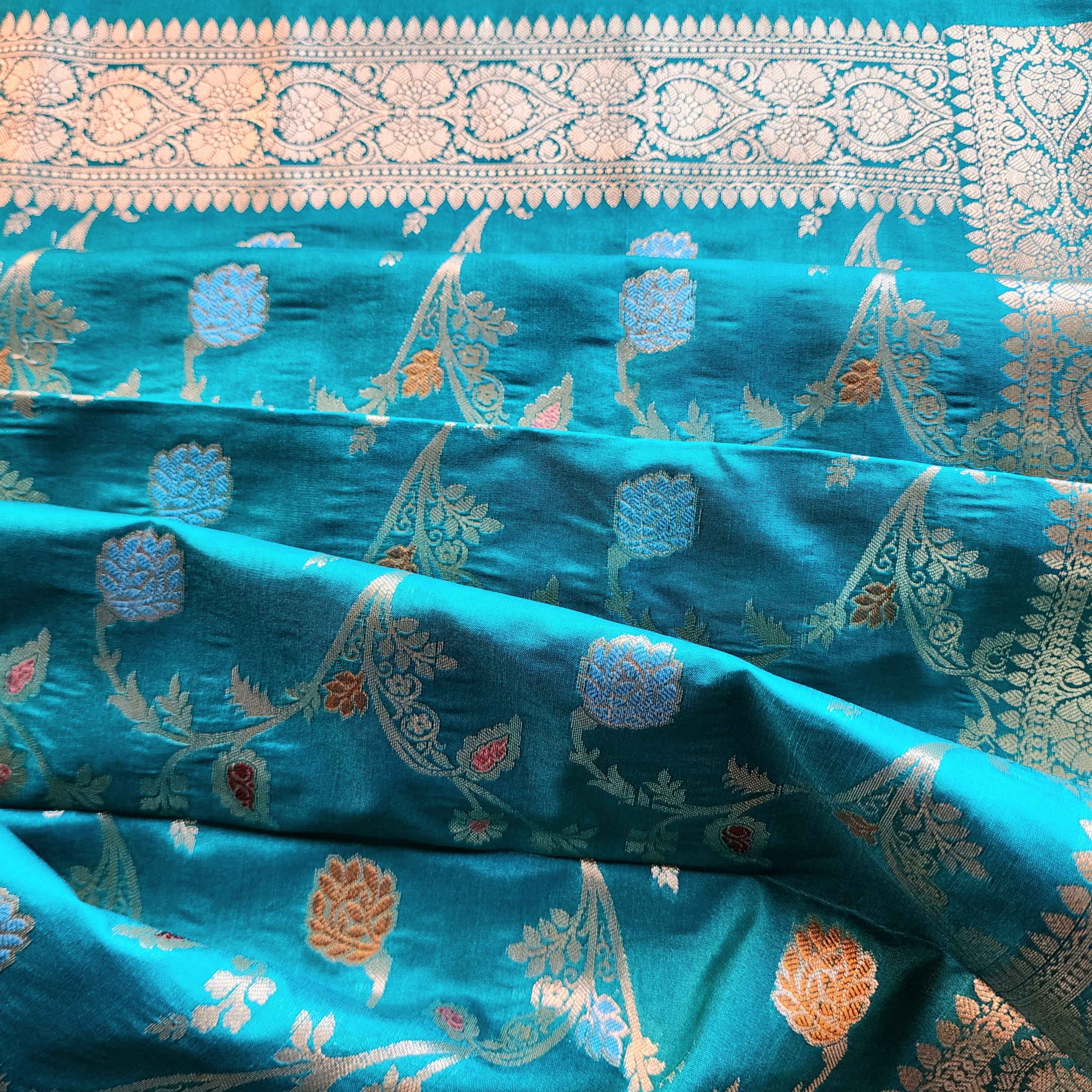 Teal Green Banarasi Silk Dupatta with Gold Zari Border & Multicolor Meenakari Work