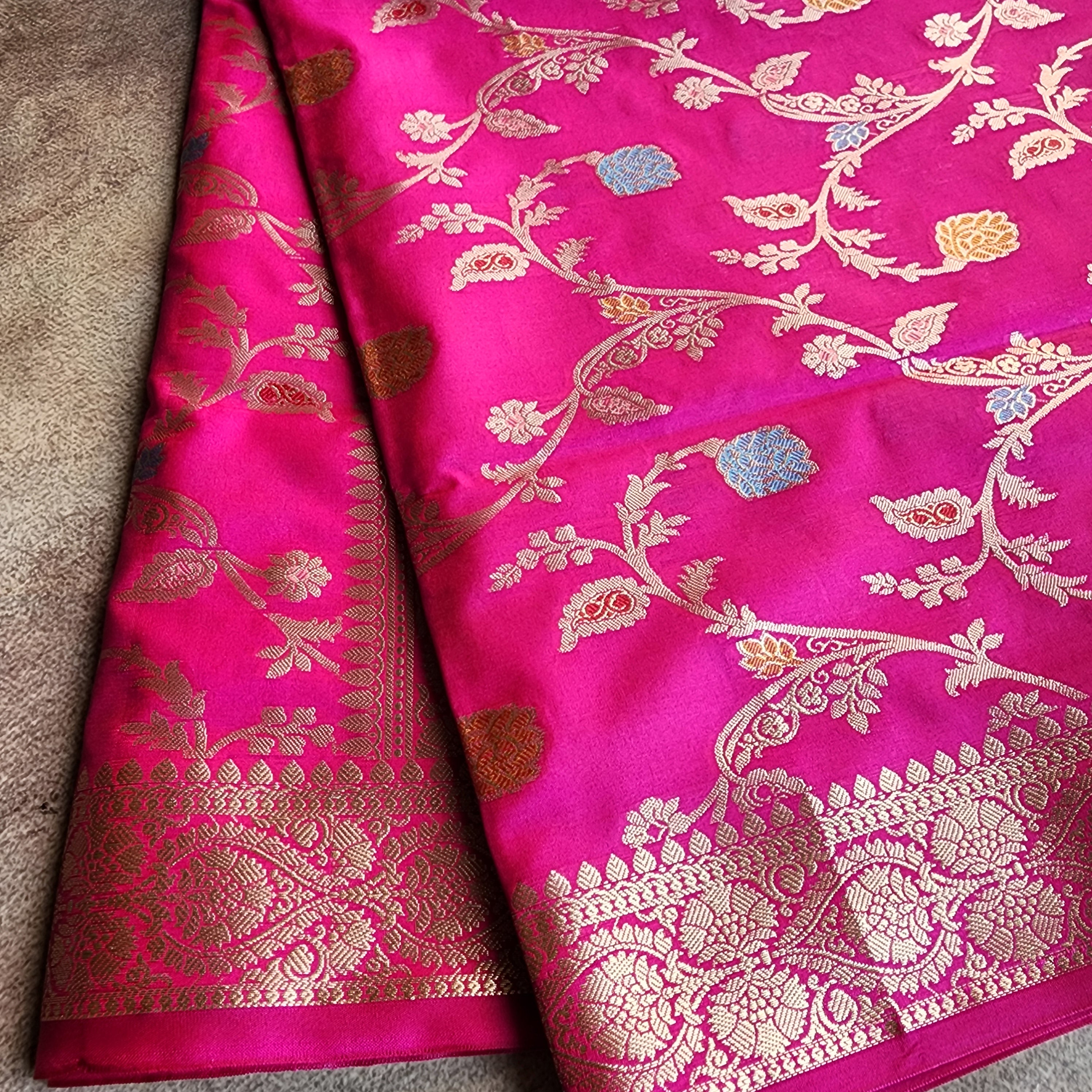 Hot Pink Banarasi Silk Dupatta with Gold Zari Border & Multicolor Meenakari Work