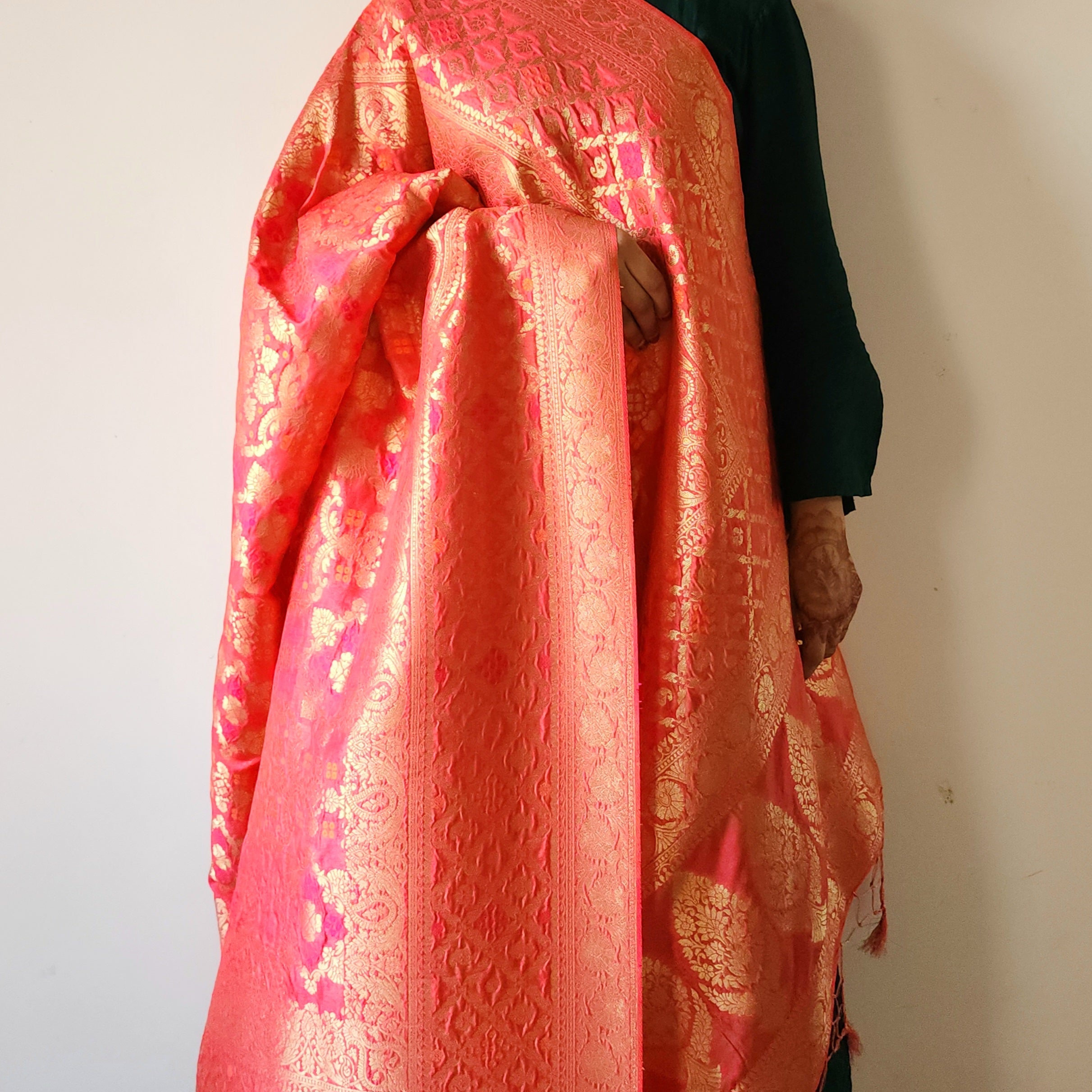 Rose Pink Bandhani Dupatta with Floral and Geometric Zari Weave