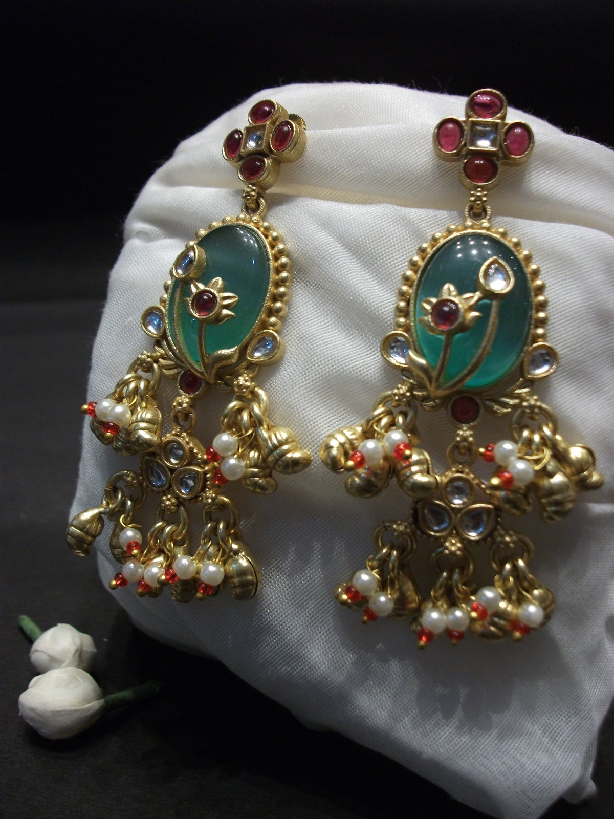 Antique Gold Oval Green Cabochon Statement Earrings