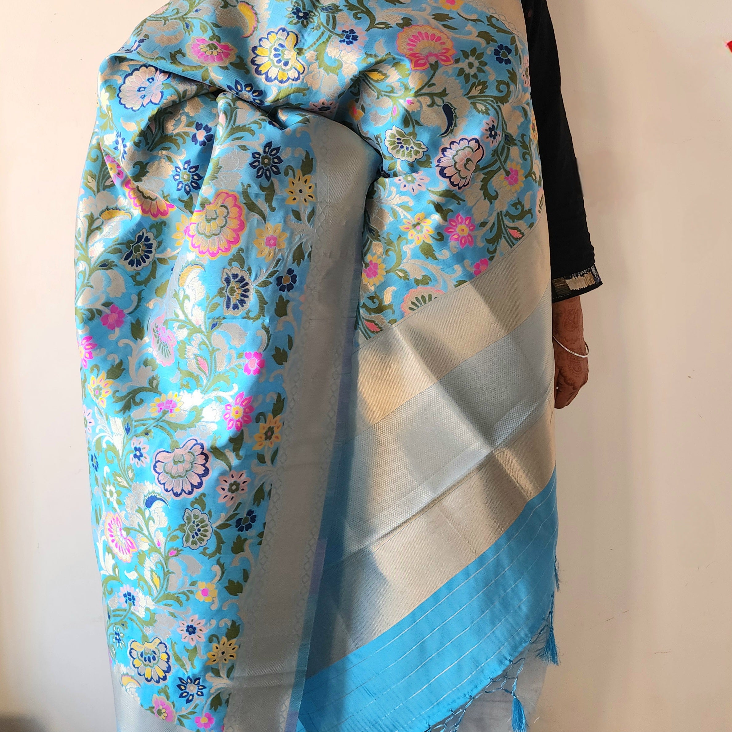 Banarasi Silk Sky Blue Dupatta with Multicolor & Gold Floral Handweaving