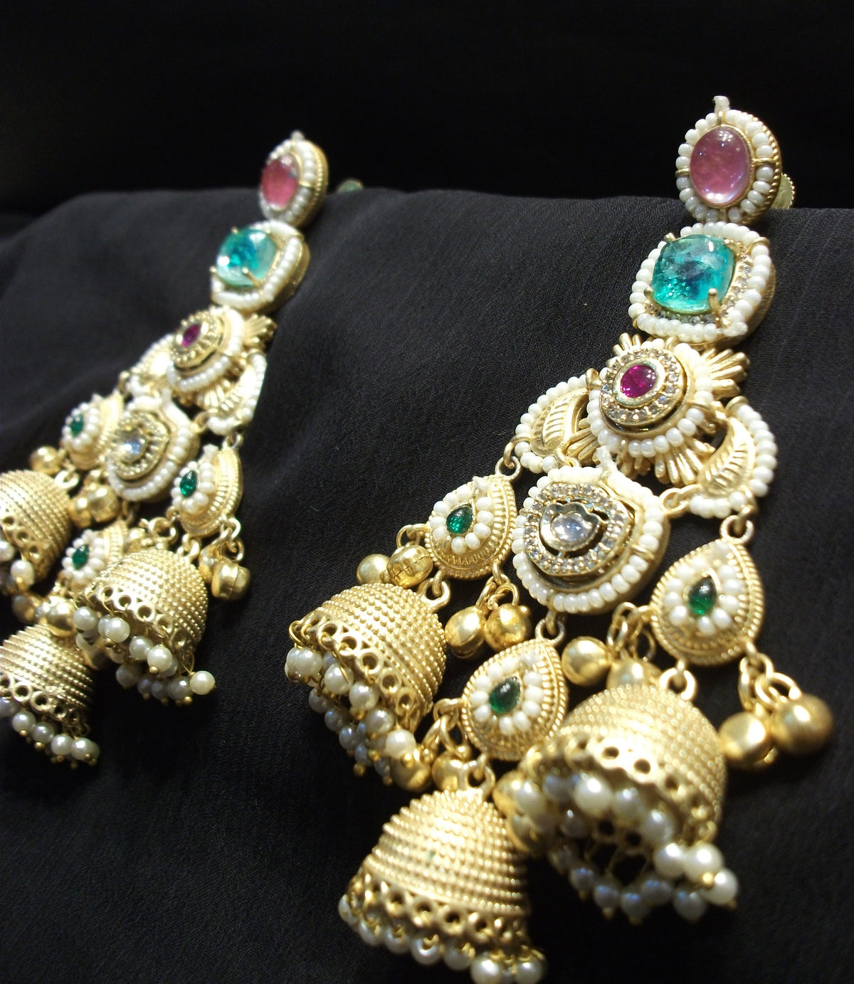 Royal Gold Finish Multi-Colored Stone Cluster Hanging Jhumka Earrings