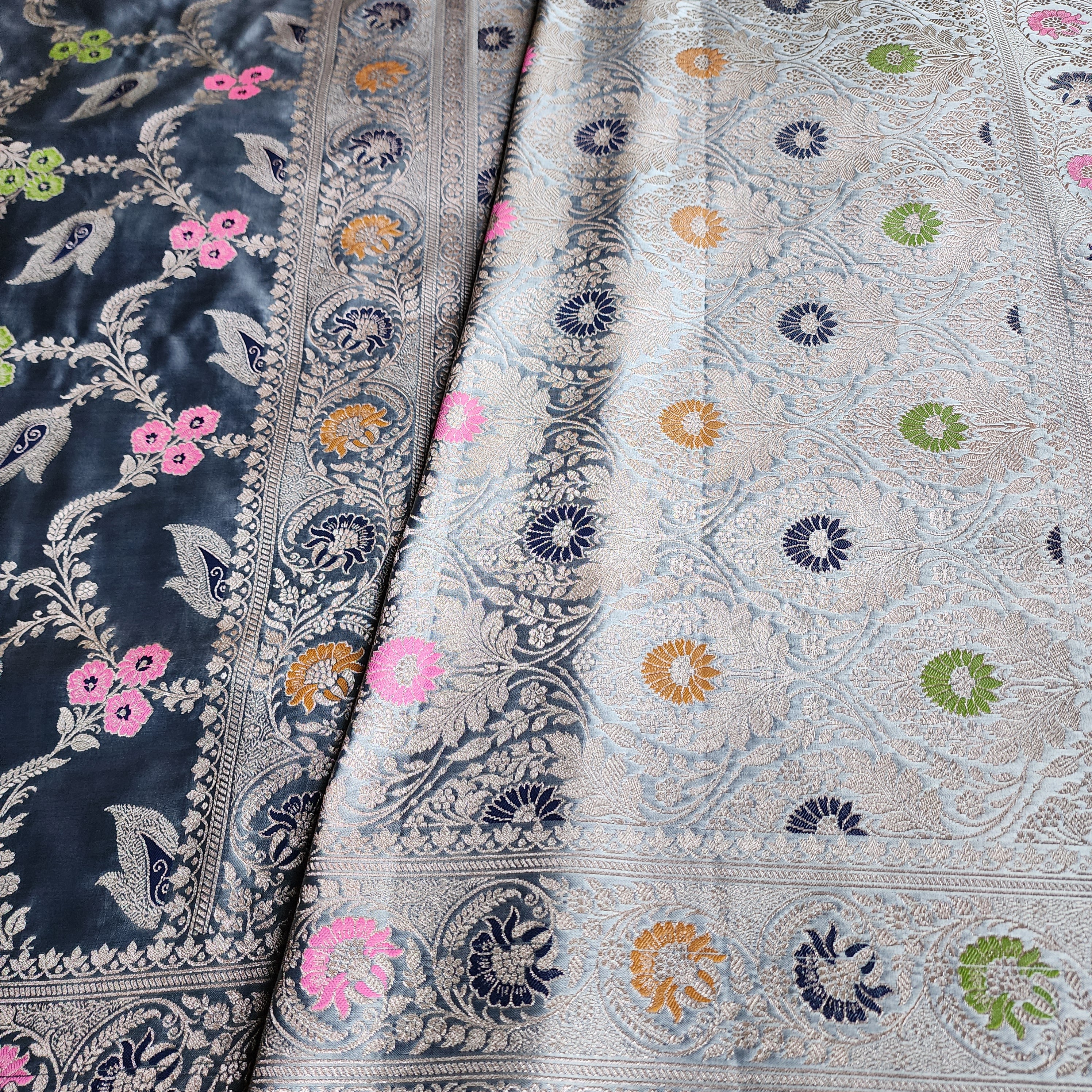 Enriched Dusky Blue Banarasi Katan Silk Saree with Multicolor Meenakari Floral Jaal