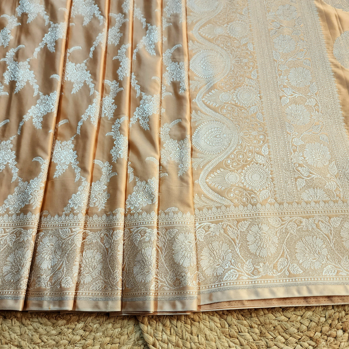 Peach Beige Banarasi Katan Silk Saree with Floral Vine Jaal