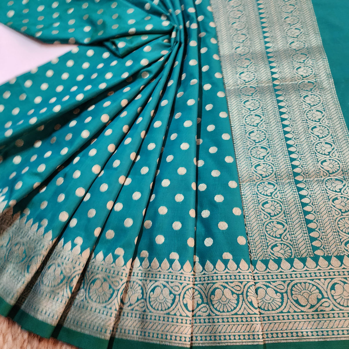 Teal Green Banarasi Silk Dupatta with Gold Polka Dot
