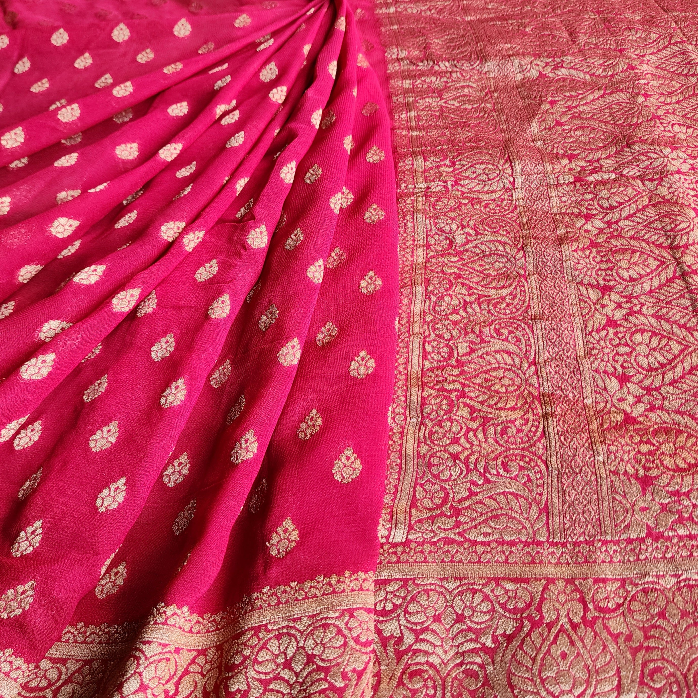 Radish Pink Khaddi Georgette Pure Banarasi Saree with Golden Zari