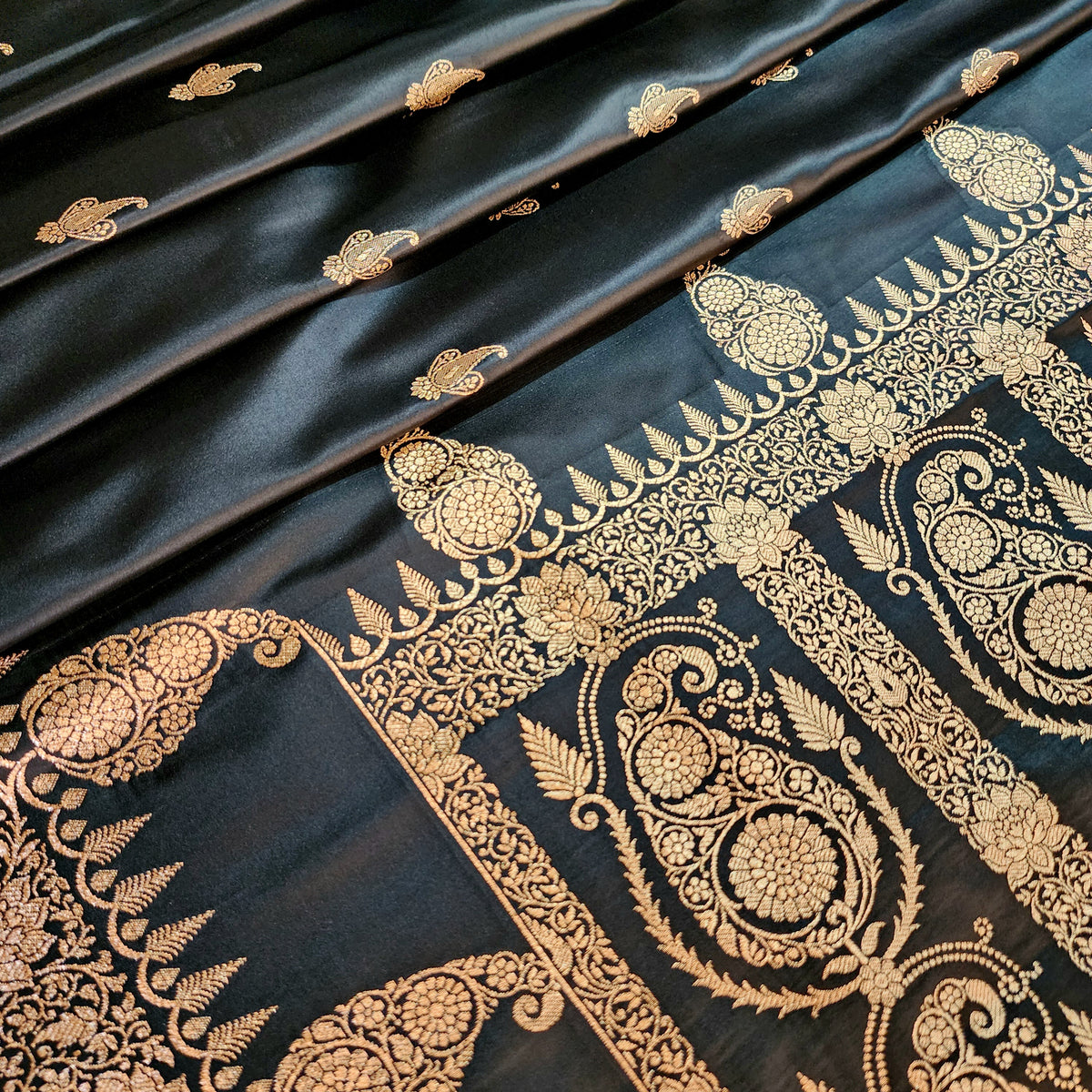 Black Paisley Katan Silk Saree with Gold Zari