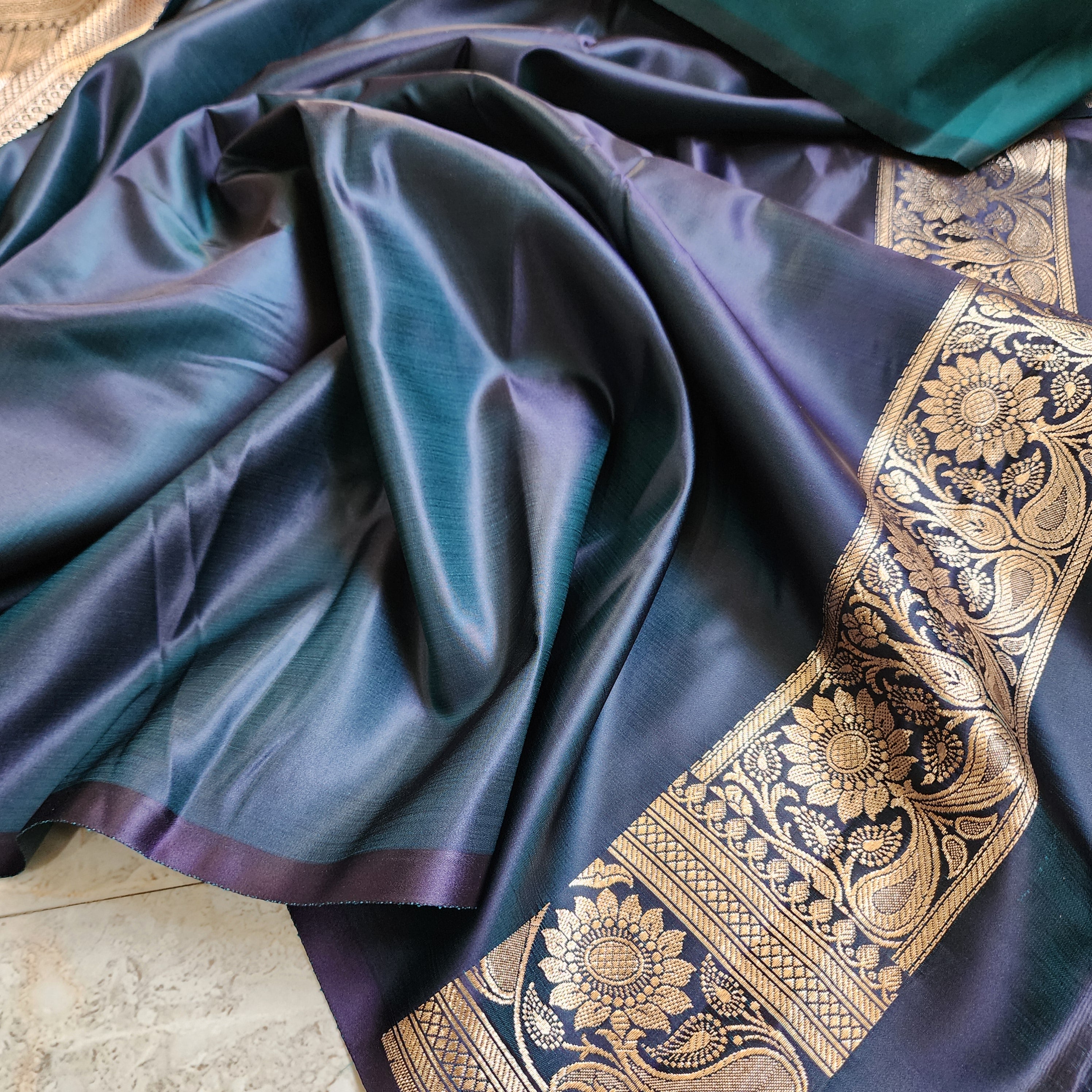 Teal Blue Pure Banarasi Katan Silk Saree with light Gold Zari Weaving