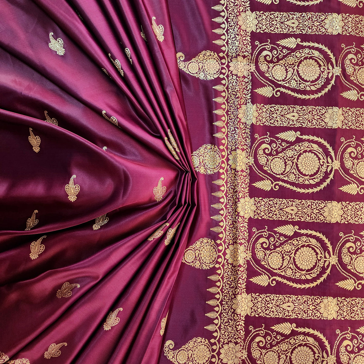 Wine Paisley Katan Silk Saree with Gold Zari