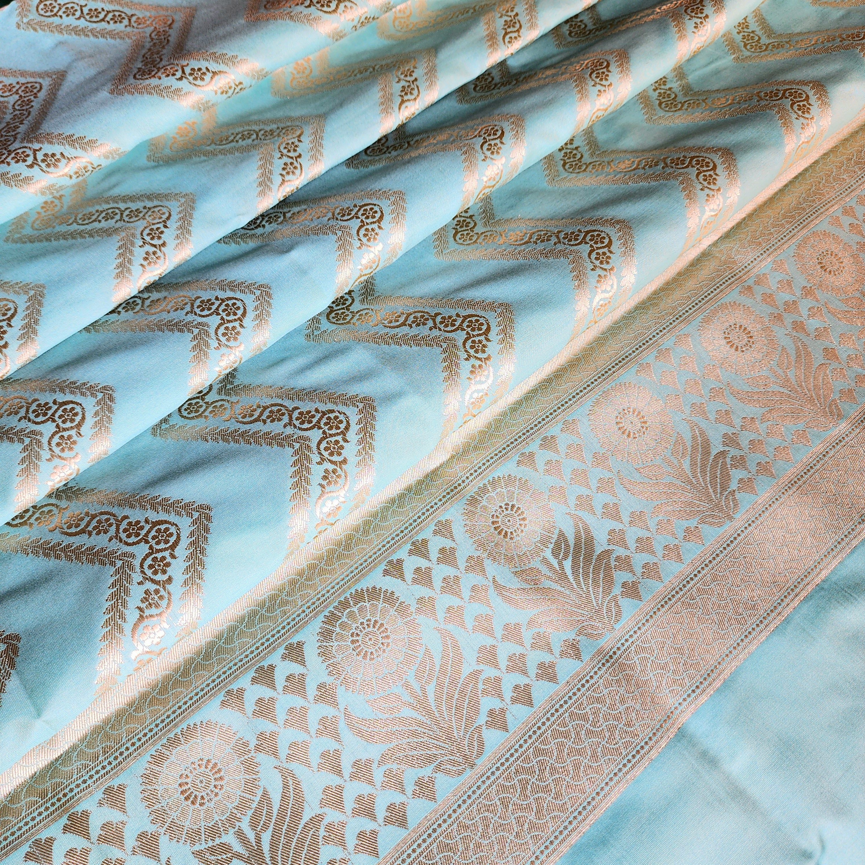 Robin Egg Blue Banarasi Dupatta with Golden Zigzag Pattern