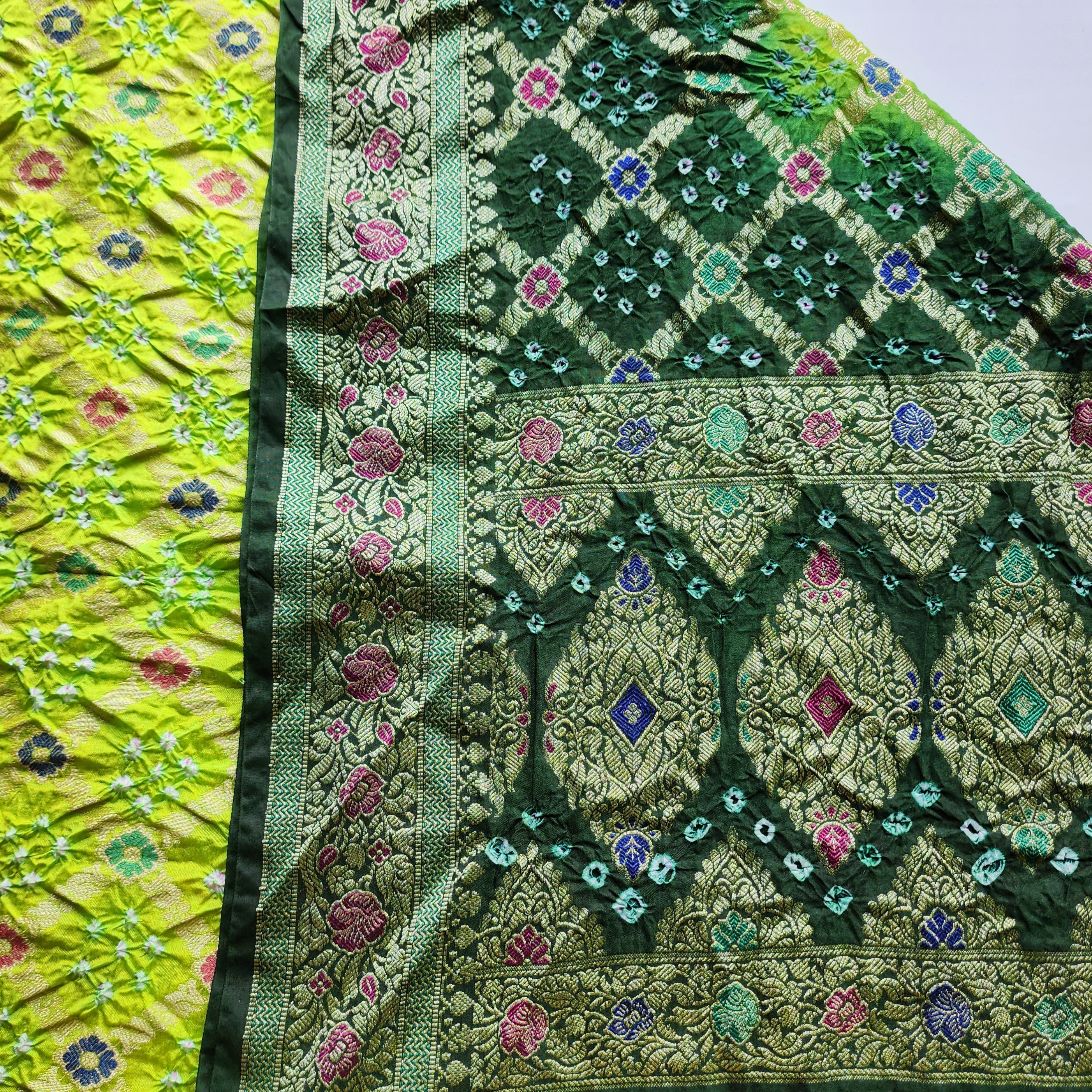 Dual-Tone Green Bandhni Dupatta with Golden Border & Banarasi Meenakari Work