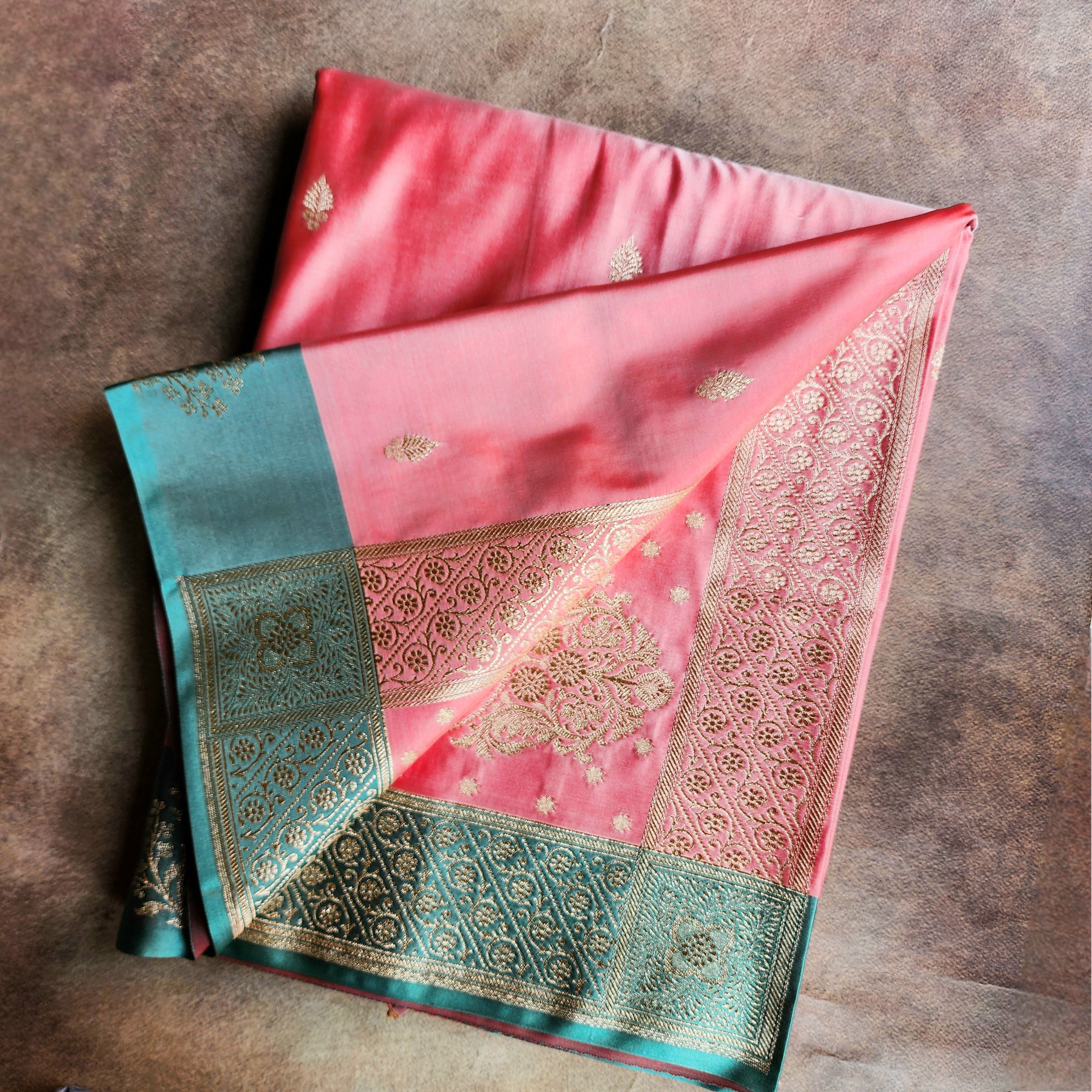 Rose Pink Katan Silk Saree with Teal Blue Gold Zari Border