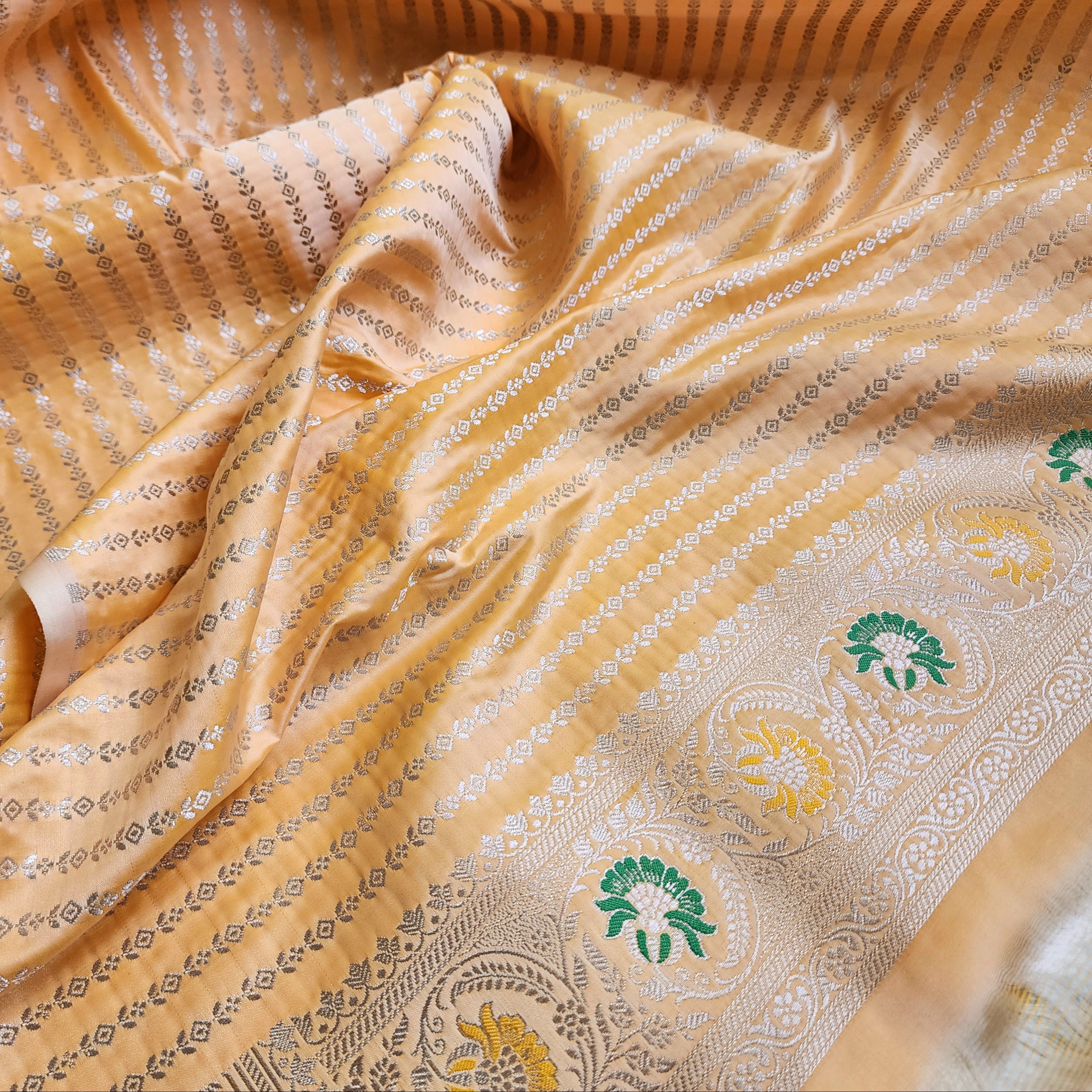 Enriched Light Orange Banarasi Katan Silk Saree with Multicolor Meenakari Floral Jaal