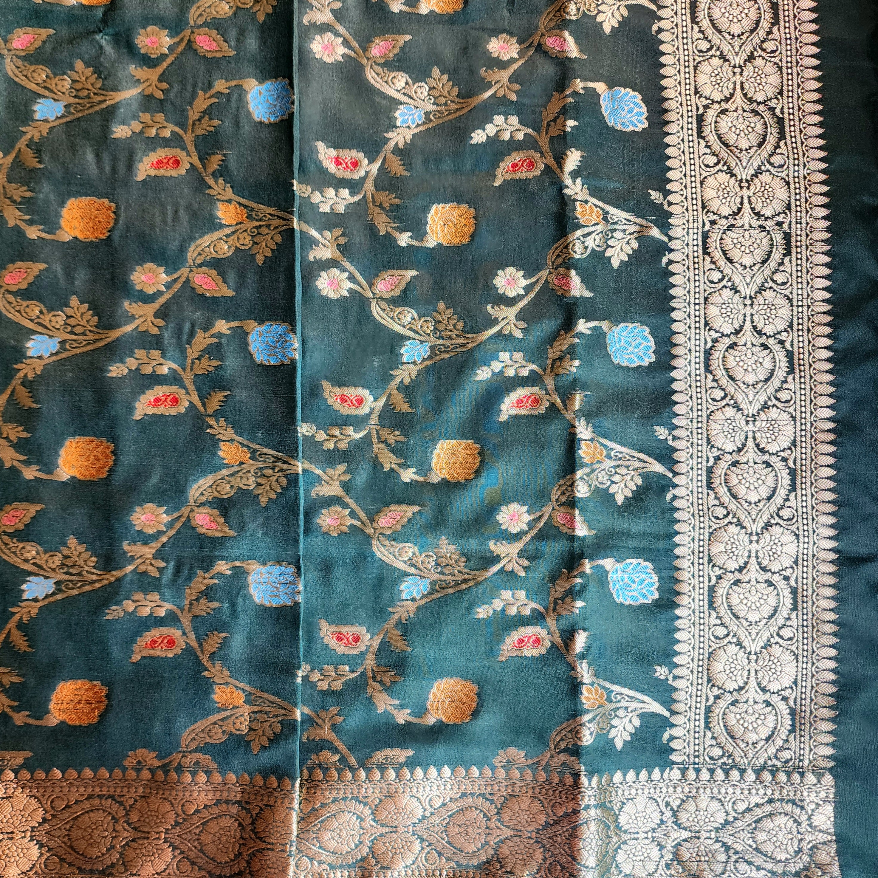 Bottle Green Banarasi Silk Dupatta with Gold Zari Border & Multicolor Meenakari Work