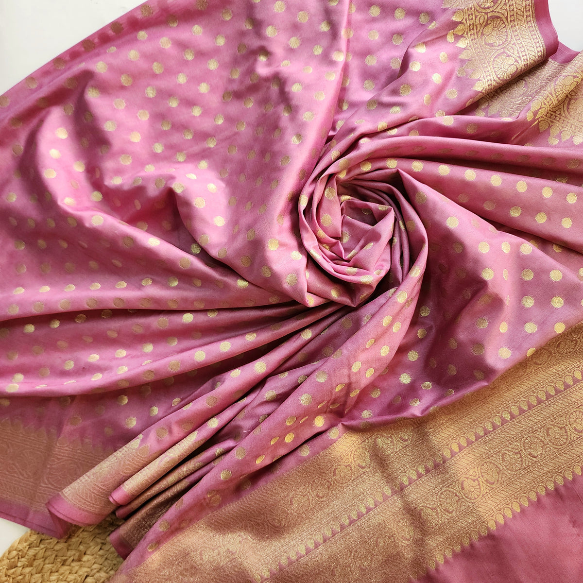 Mauve Pink Banarasi Silk Dupatta with Gold Polka Dot