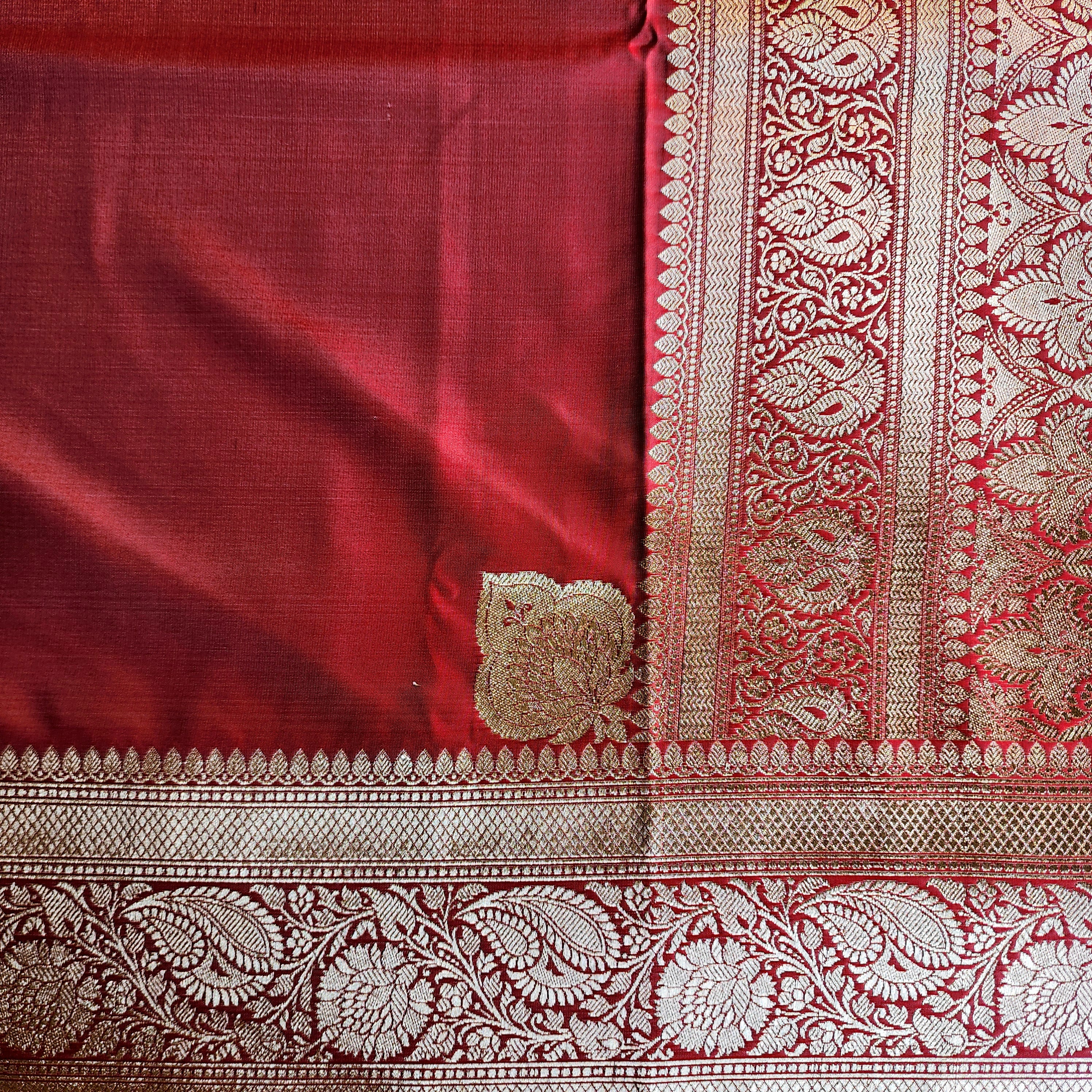 Rich Rose Pink Pure Banarasi Katan Silk Saree with light Gold Zari Weaving