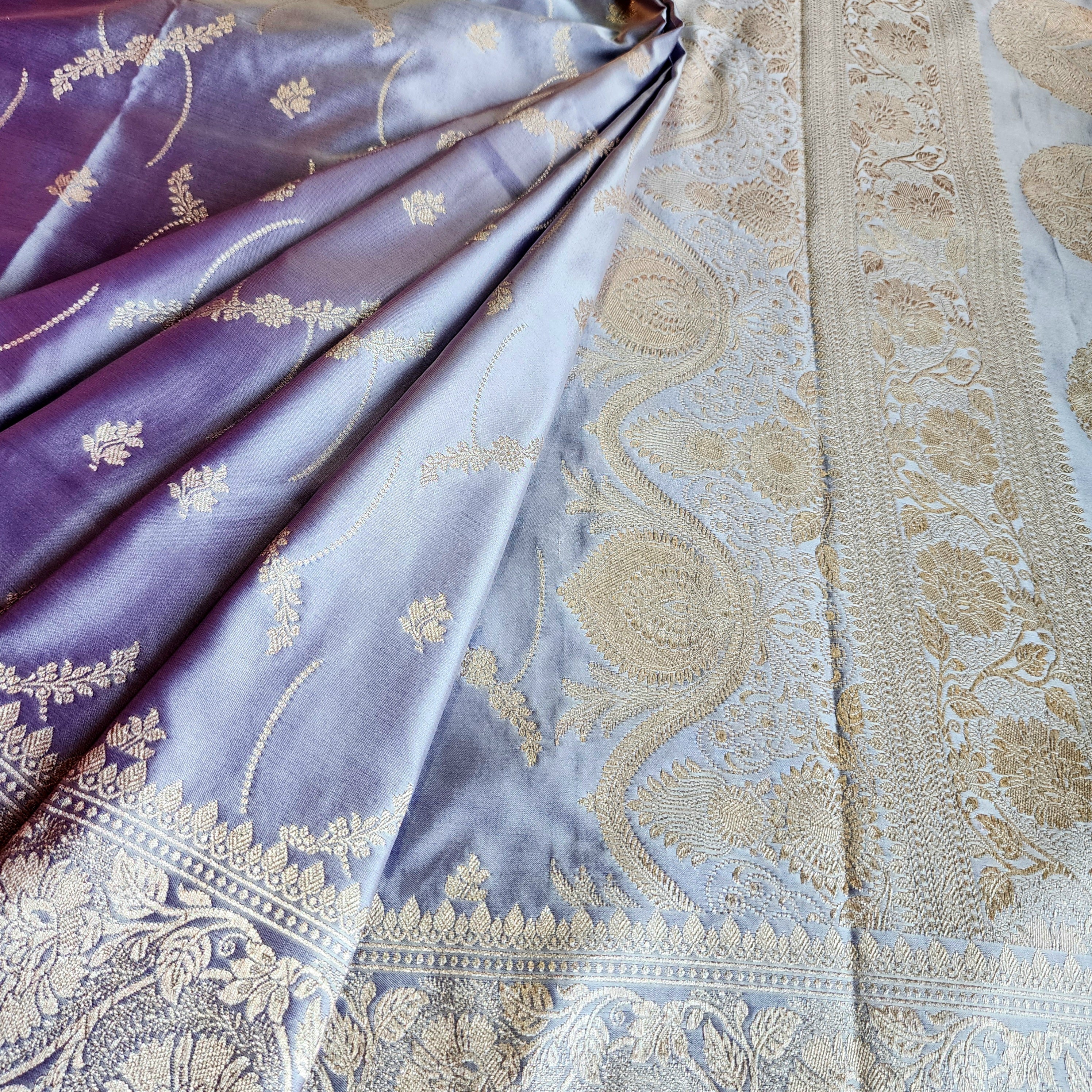 Pastel Lilac Banarasi Katan Silk Saree with Light Gold Zari weaving