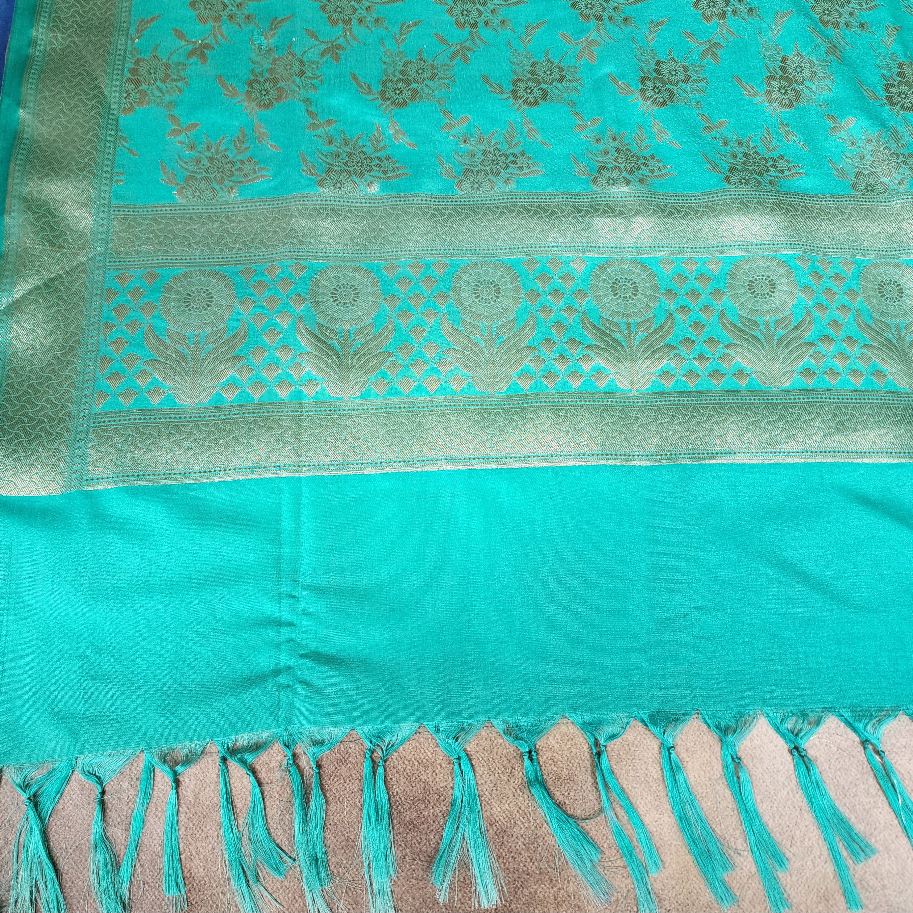 Aqua Green Floral Zari Banarasi Silk Dupatta