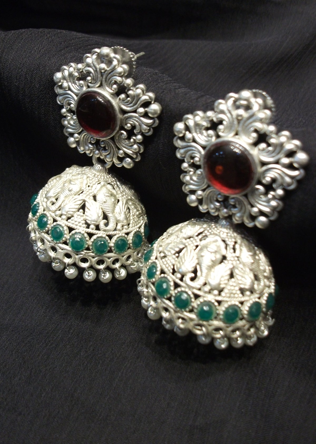 Silver Ornate Red Stud & Green Beaded Jhumka Earrings
