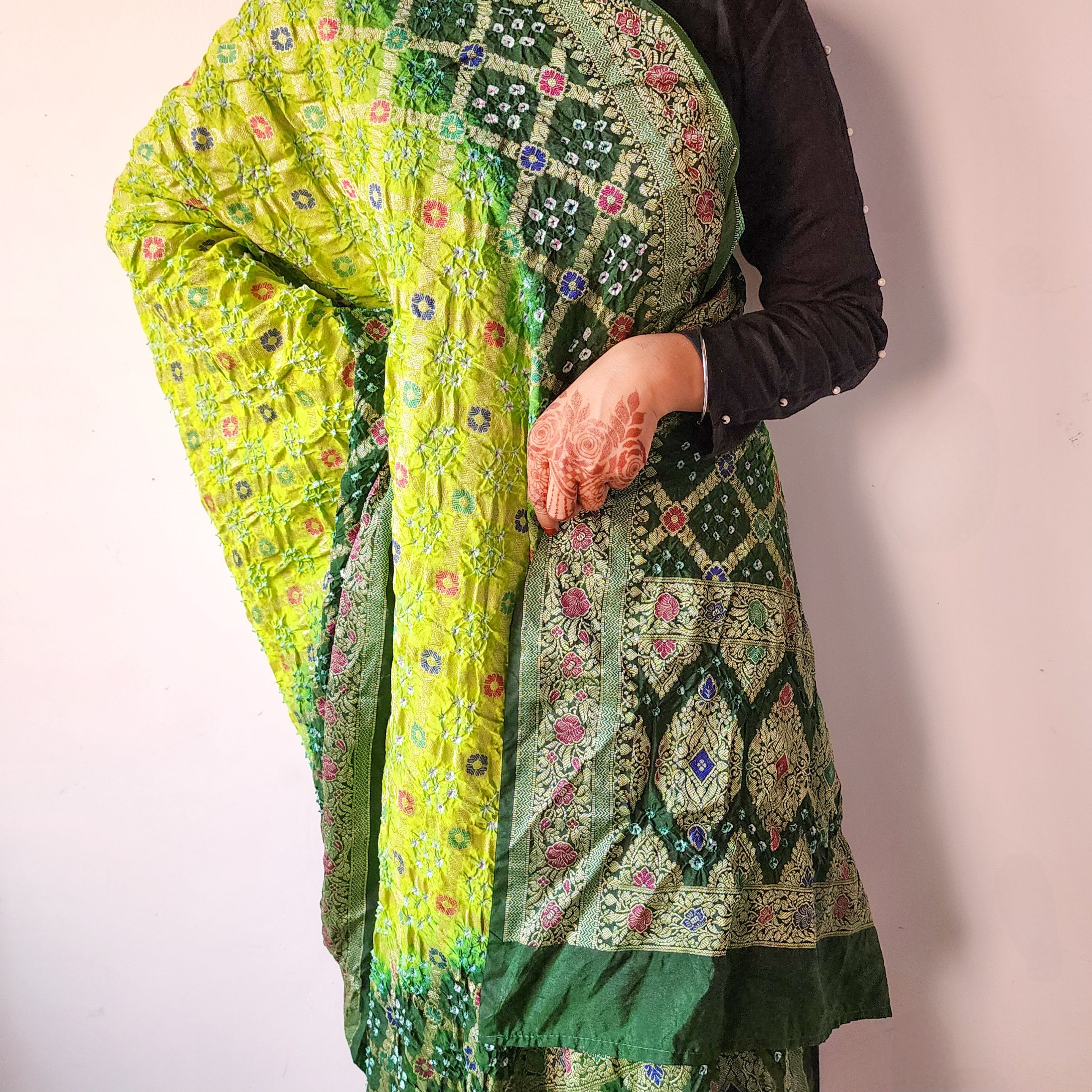 Dual-Tone Green Bandhni Dupatta with Golden Border & Banarasi Meenakari Work