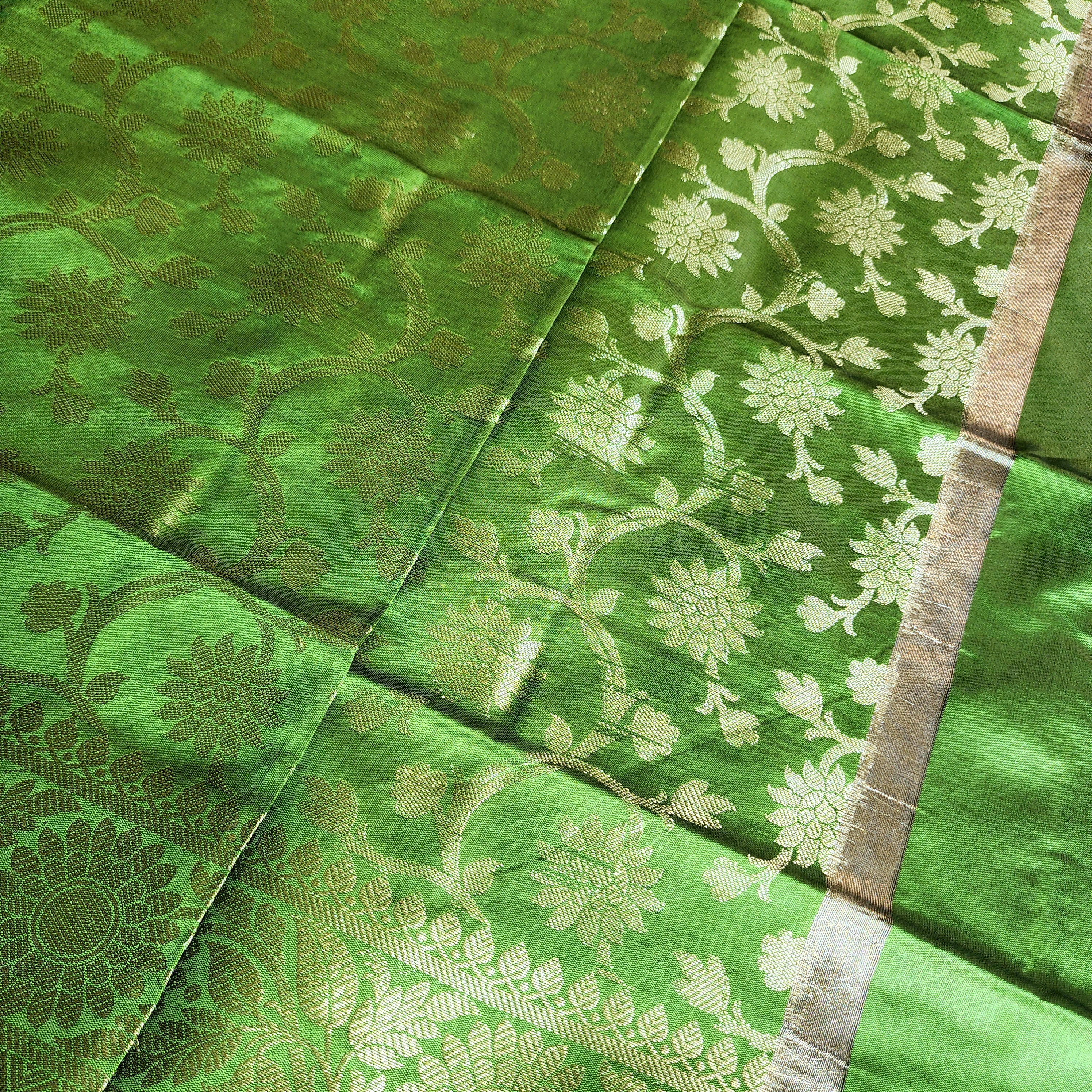 Parrot Green Banarasi Tapetta Silk Dupatta with Gold Floral Zari Weave