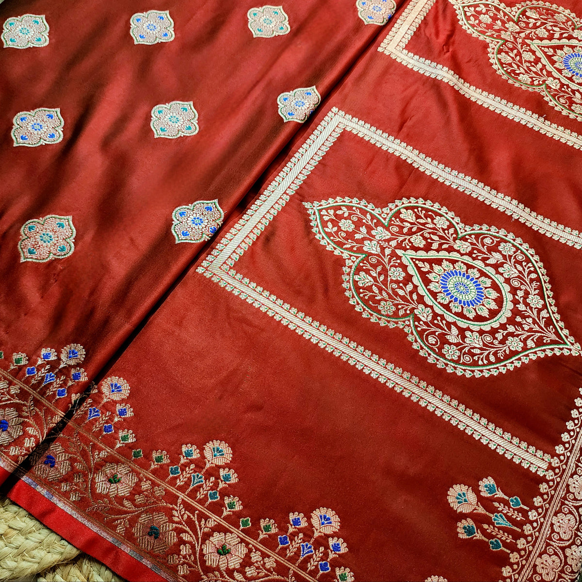 Red Banarasi Katan Silk Saree with Multicolor Meenakari Floral Jaal