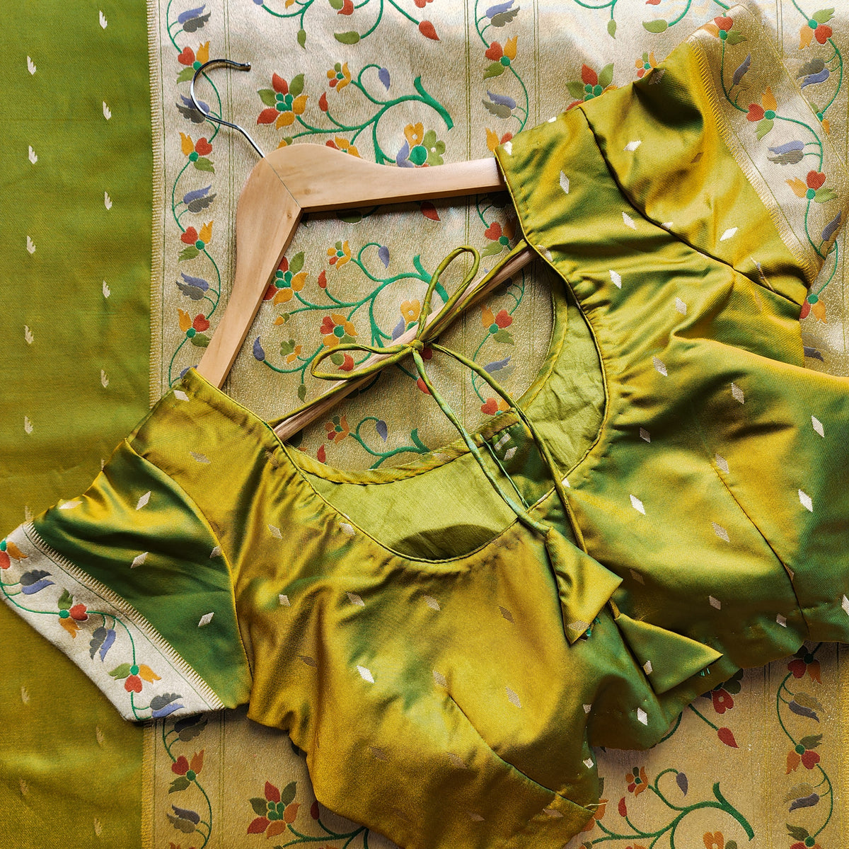 Raahi - Popati Green Paithani Silk Saree with Stitched Blouse