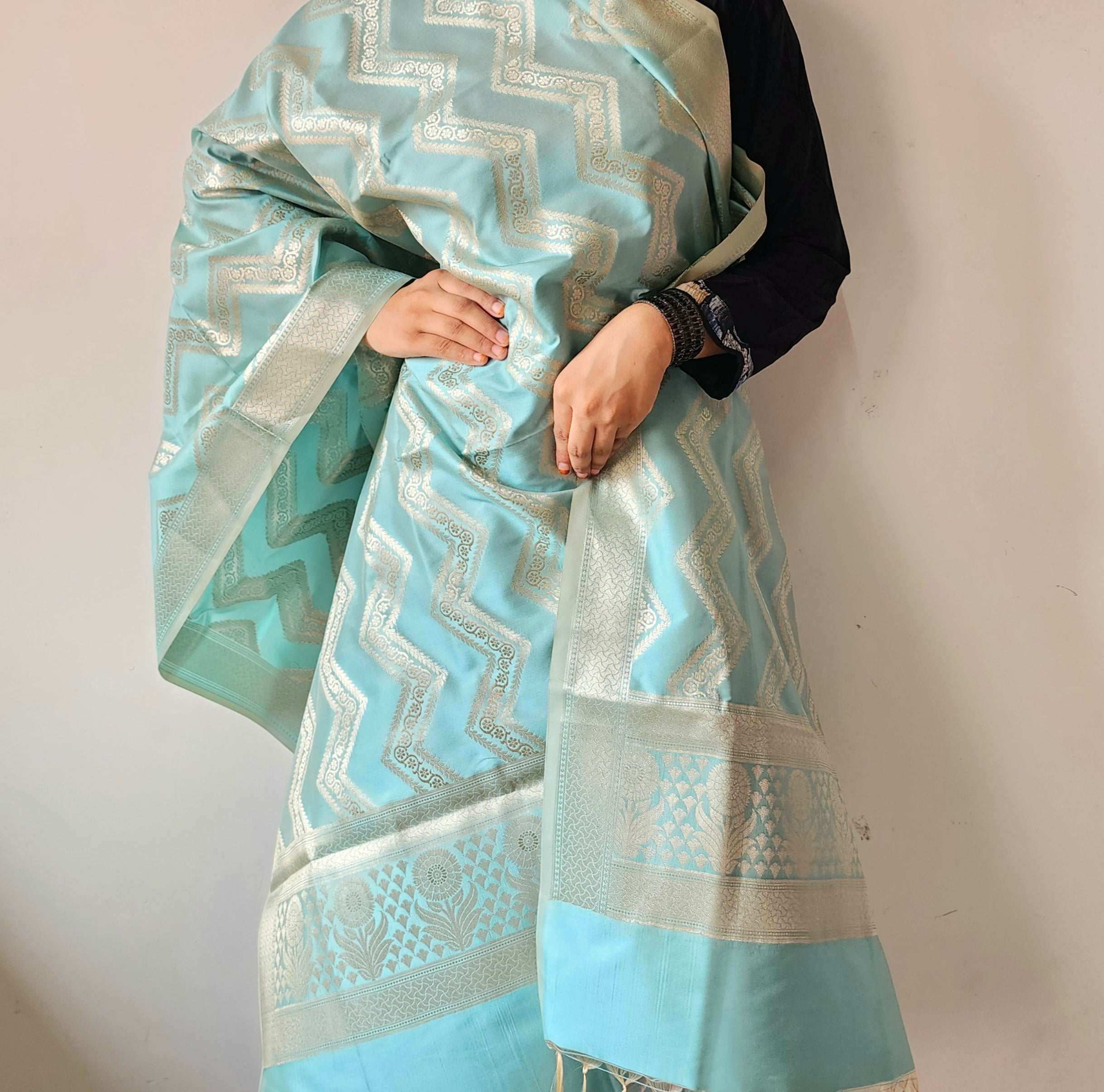 Robin Egg Blue Banarasi Dupatta with Golden Zigzag Pattern