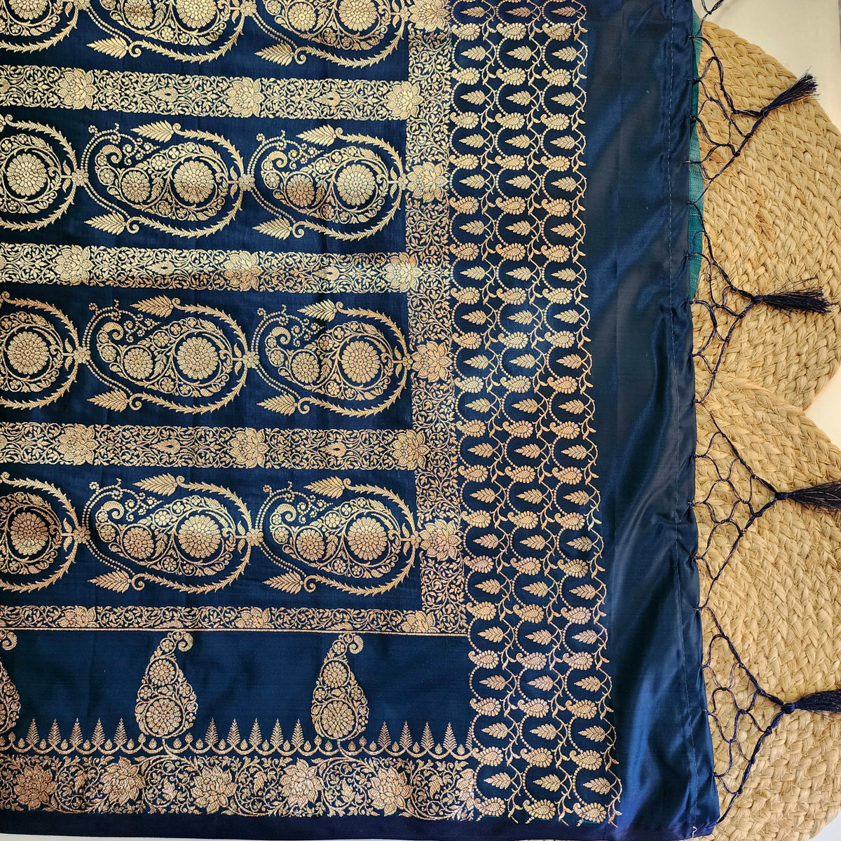 Midnight Blue Paisley Katan Silk Saree with Gold Zari